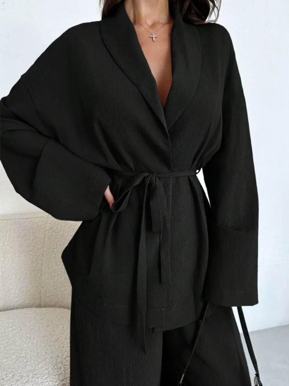 Front Tied Shirt and Wide-Leg Pants Set, image 8