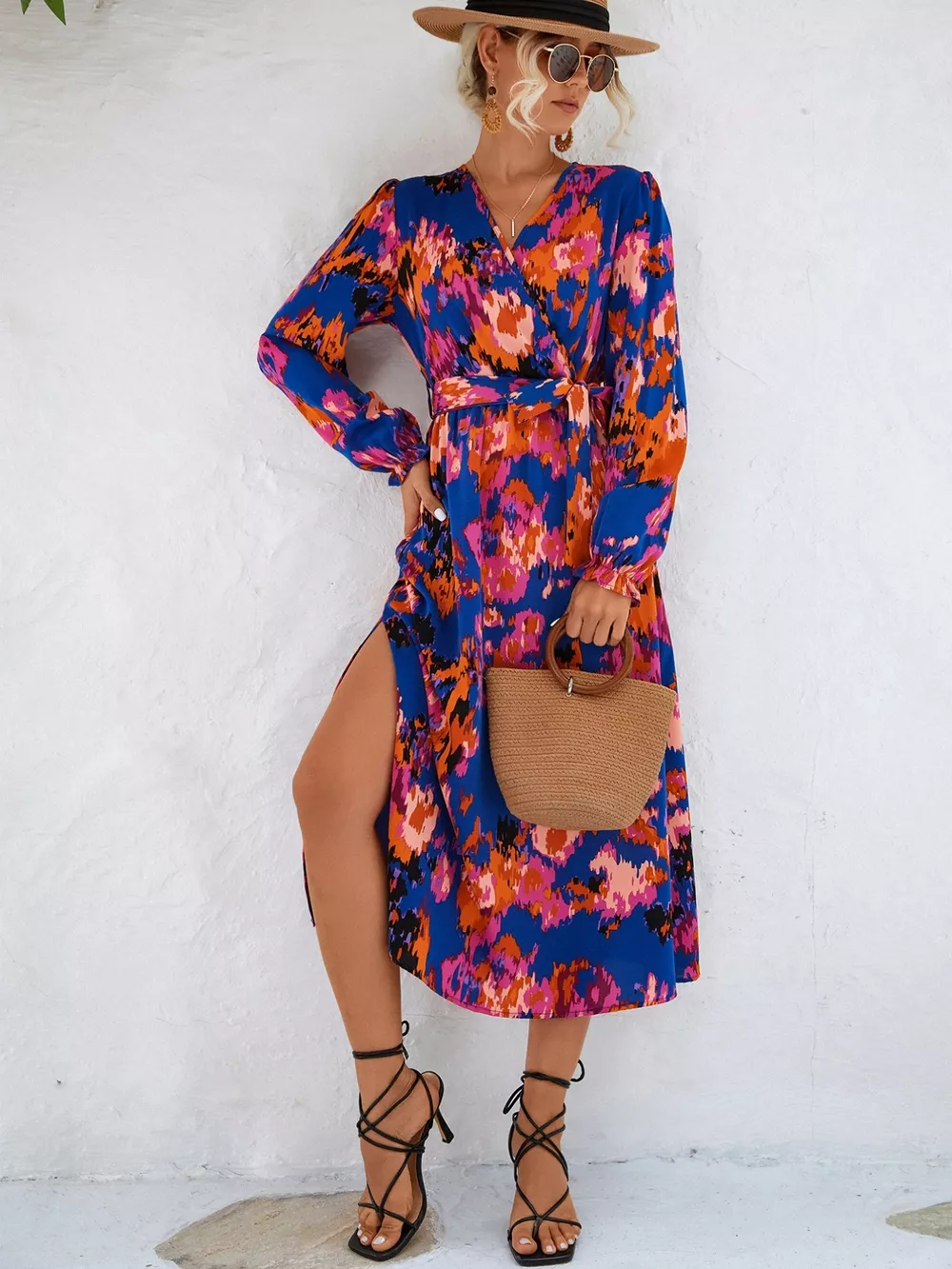 Printed Surplice Long Sleeve Midi Dress, image 8