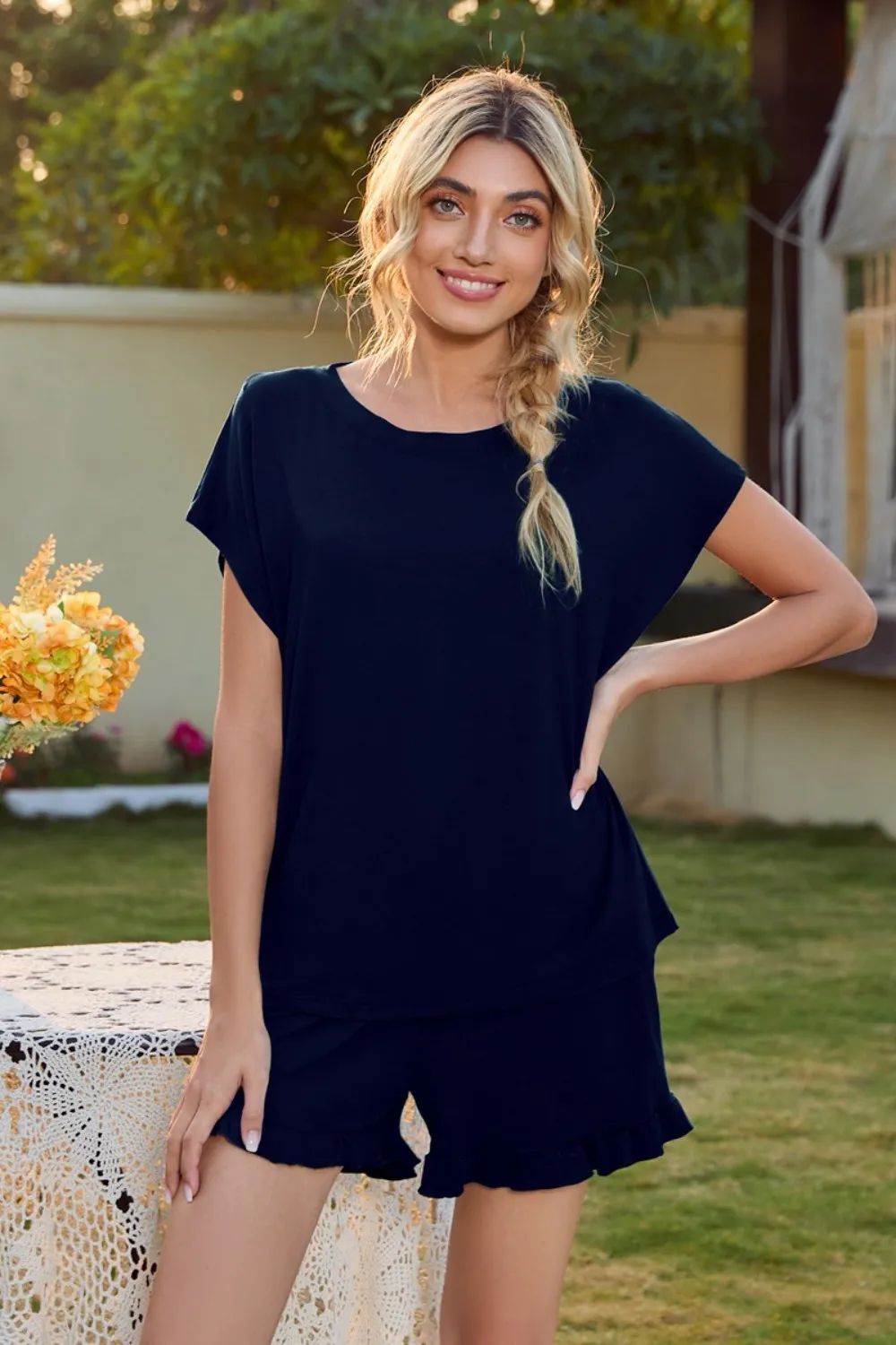 Round Neck Short Sleeve T-Shirt and Drawstring Shorts Lounge Set, image 7