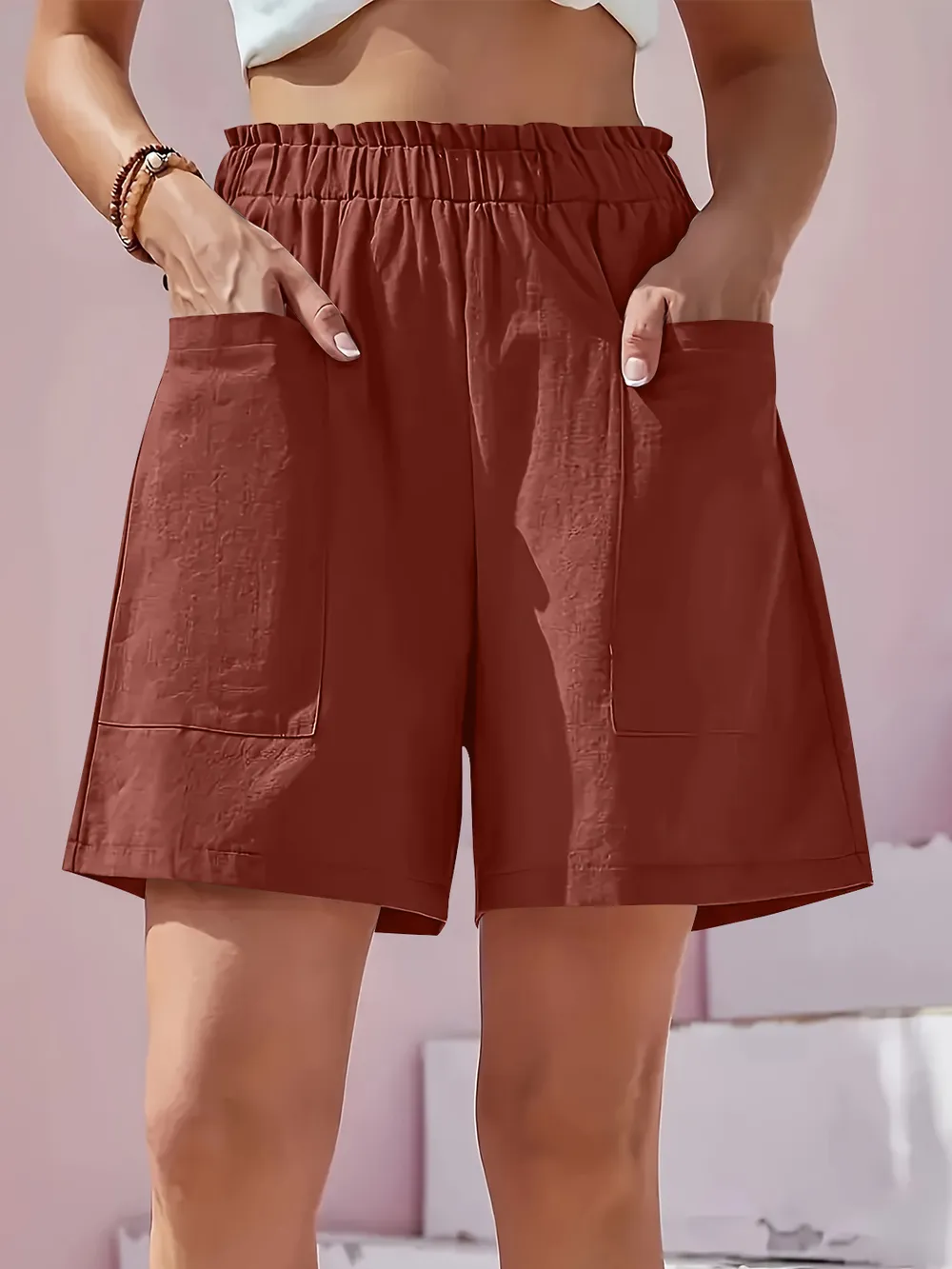 Full Size Pocketed Elastic Waist Shorts, image 8