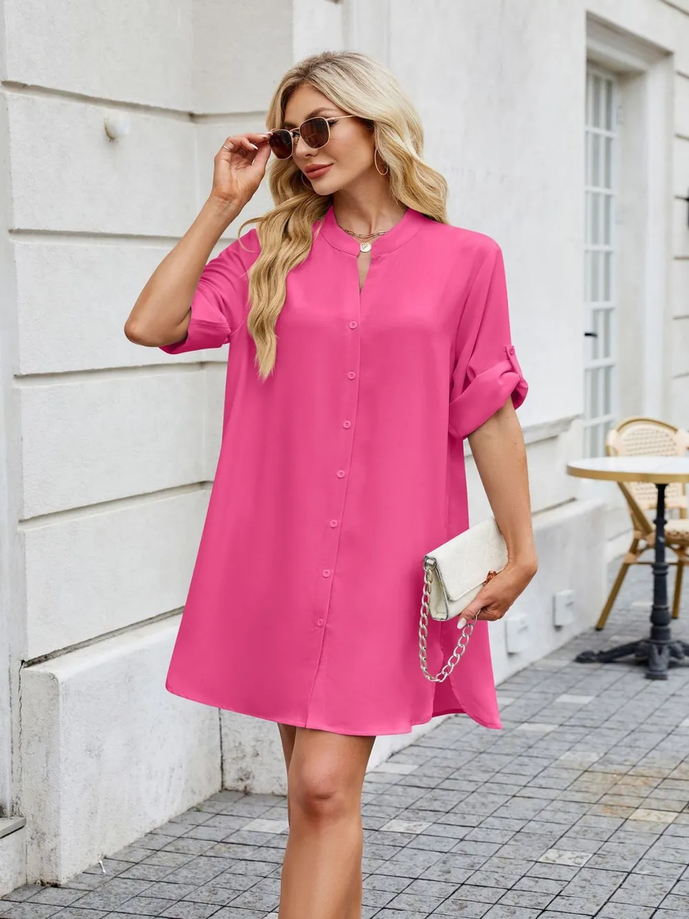 Notched Long Sleeve Mini Shirt Dress, image 2