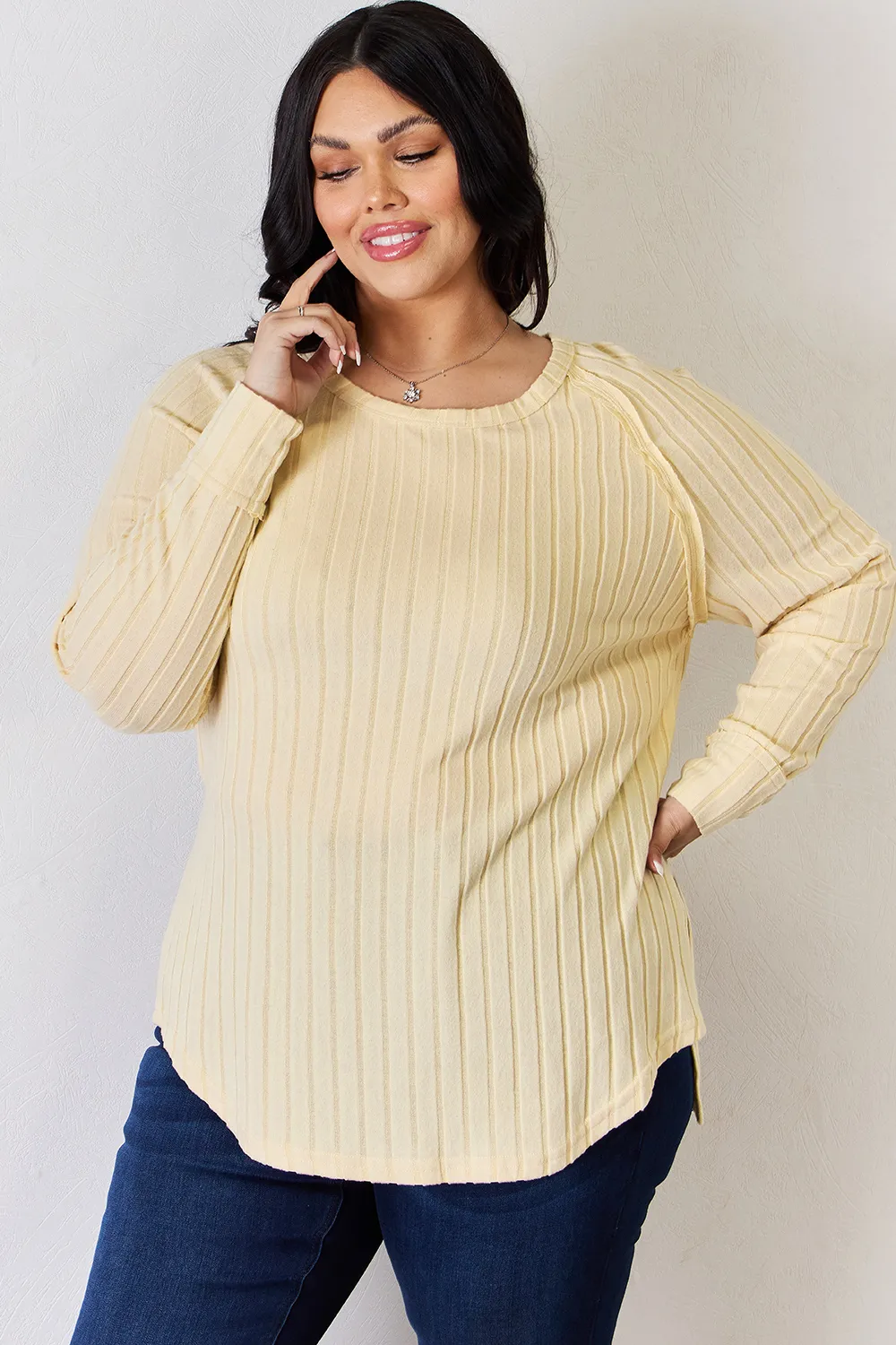 Full Size Ribbed Round Neck Slit T-Shirt, image 27