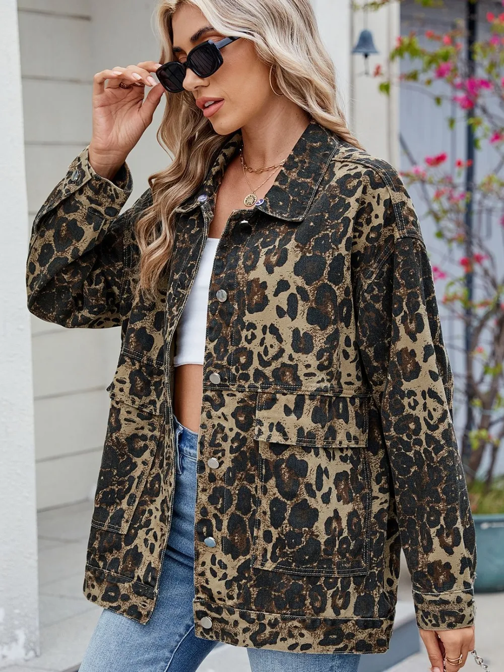 Leopard Button Up Drop Shoulder Denim Jacket, image 5