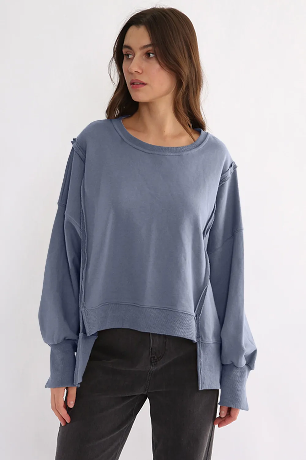 Exposed Seam High-Low Long Sleeve Sweatshirt, image 7