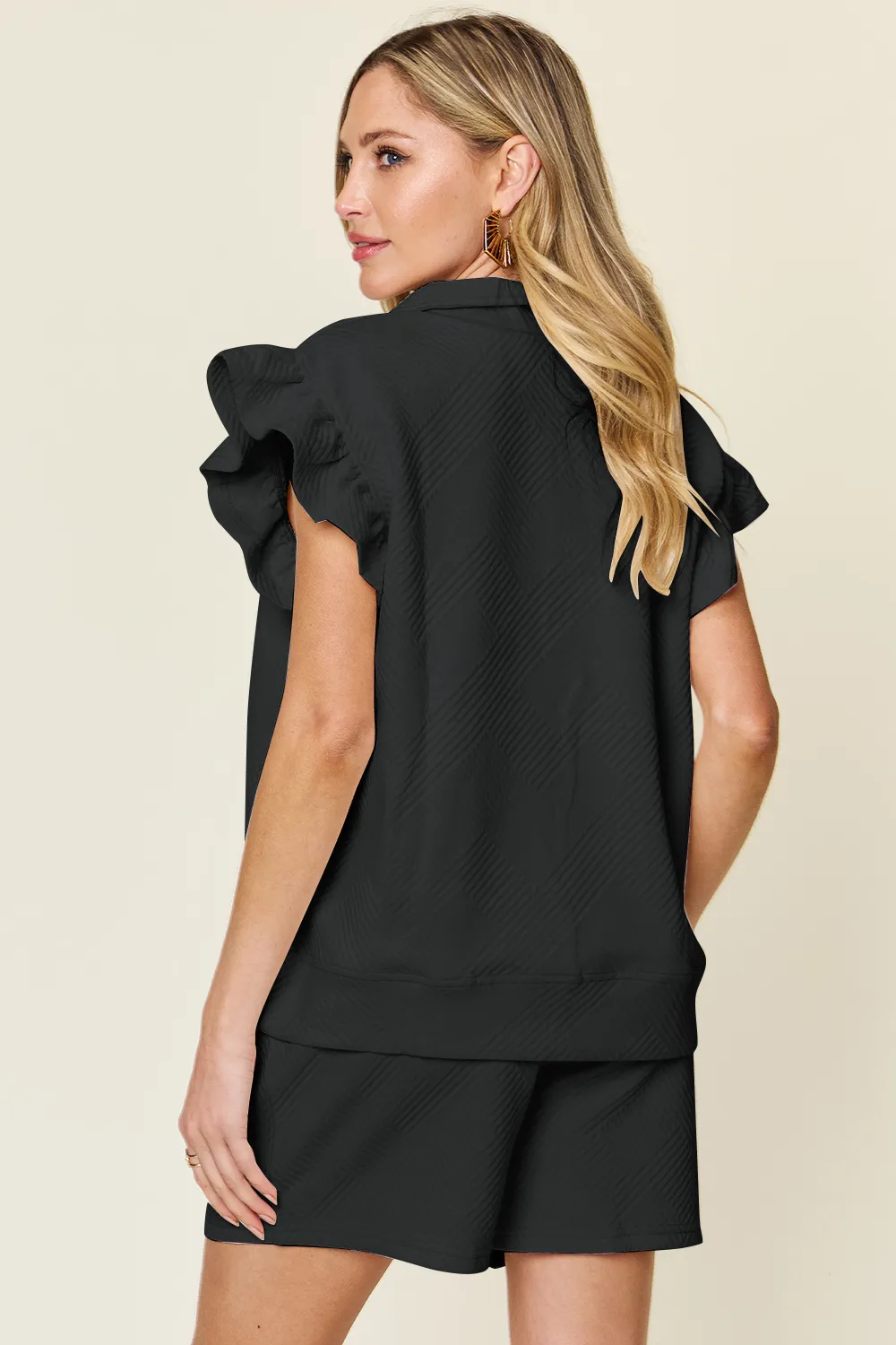 Full Size Texture Flounce Sleeve Top and Drawstring Shorts Set, image 25