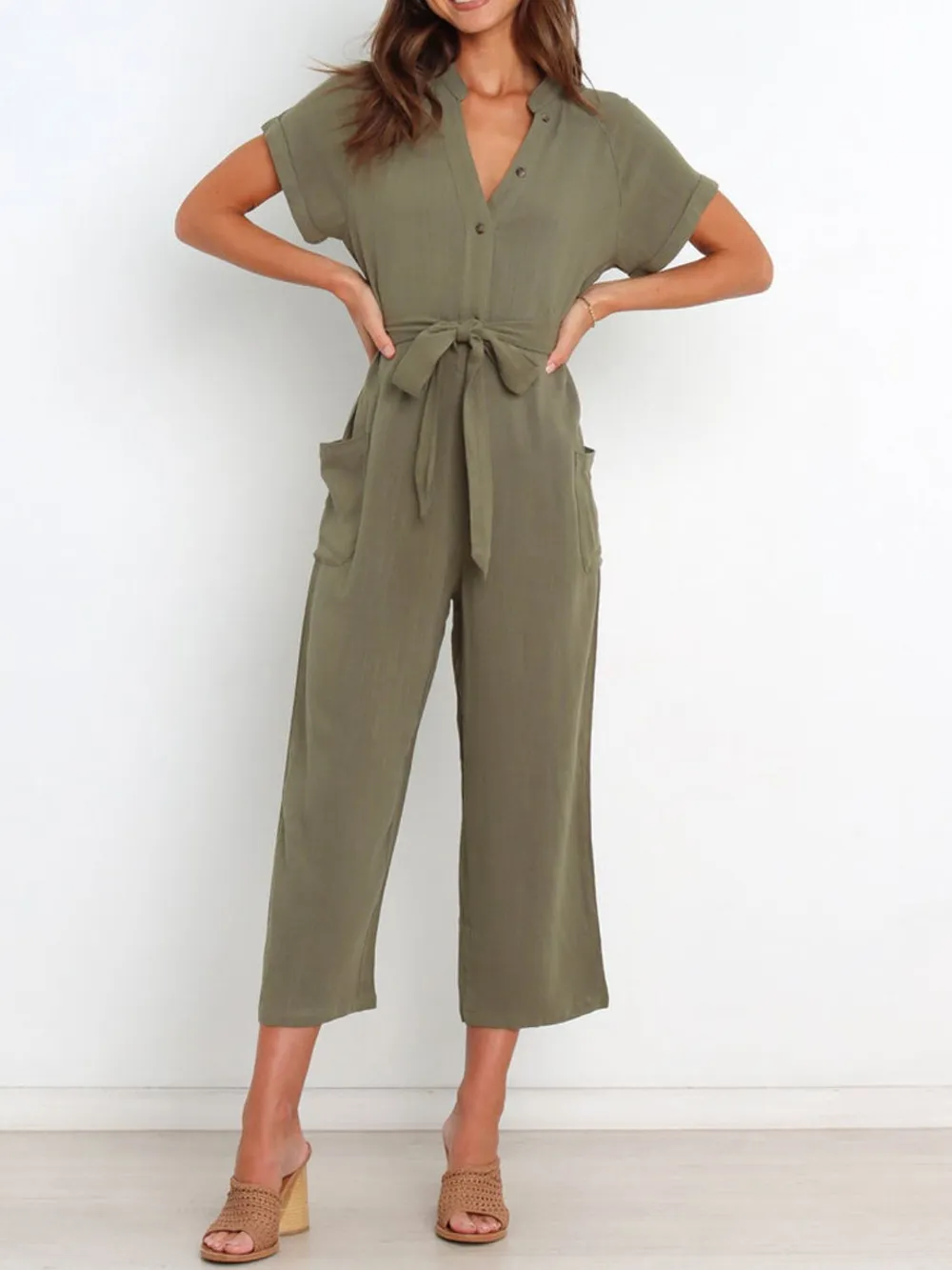Notched Short Sleeve Tie Waist Jumpsuit, image 9
