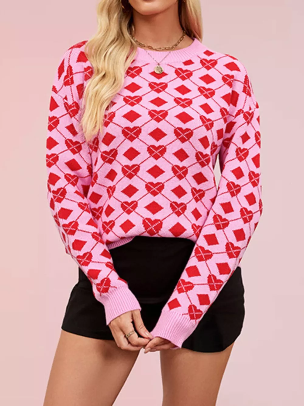 Heart Pattern Argyle Knit Long Sleeve Sweater, image 7