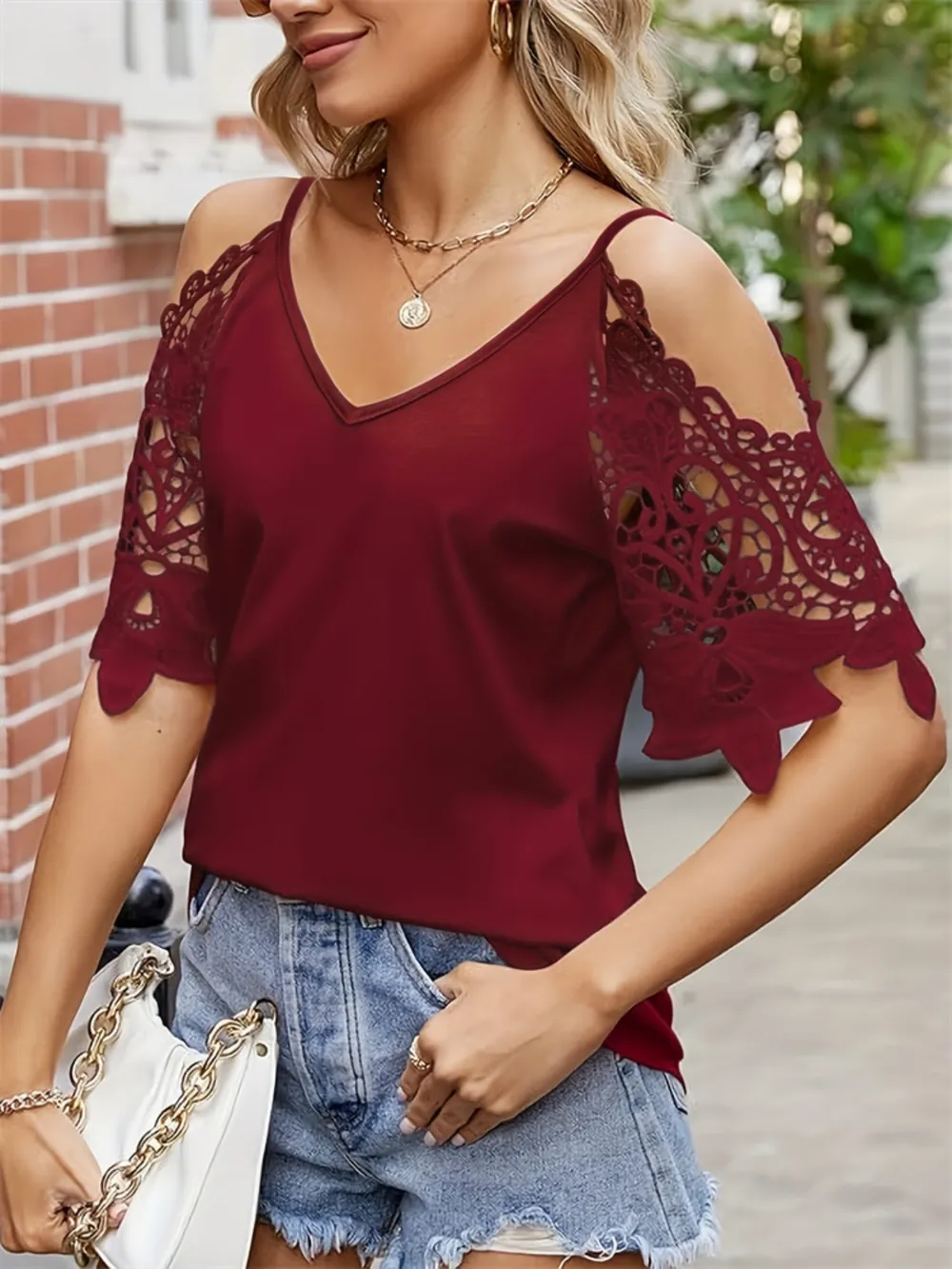 Cold Shoulder Lace Sleeve Blouse, image 2