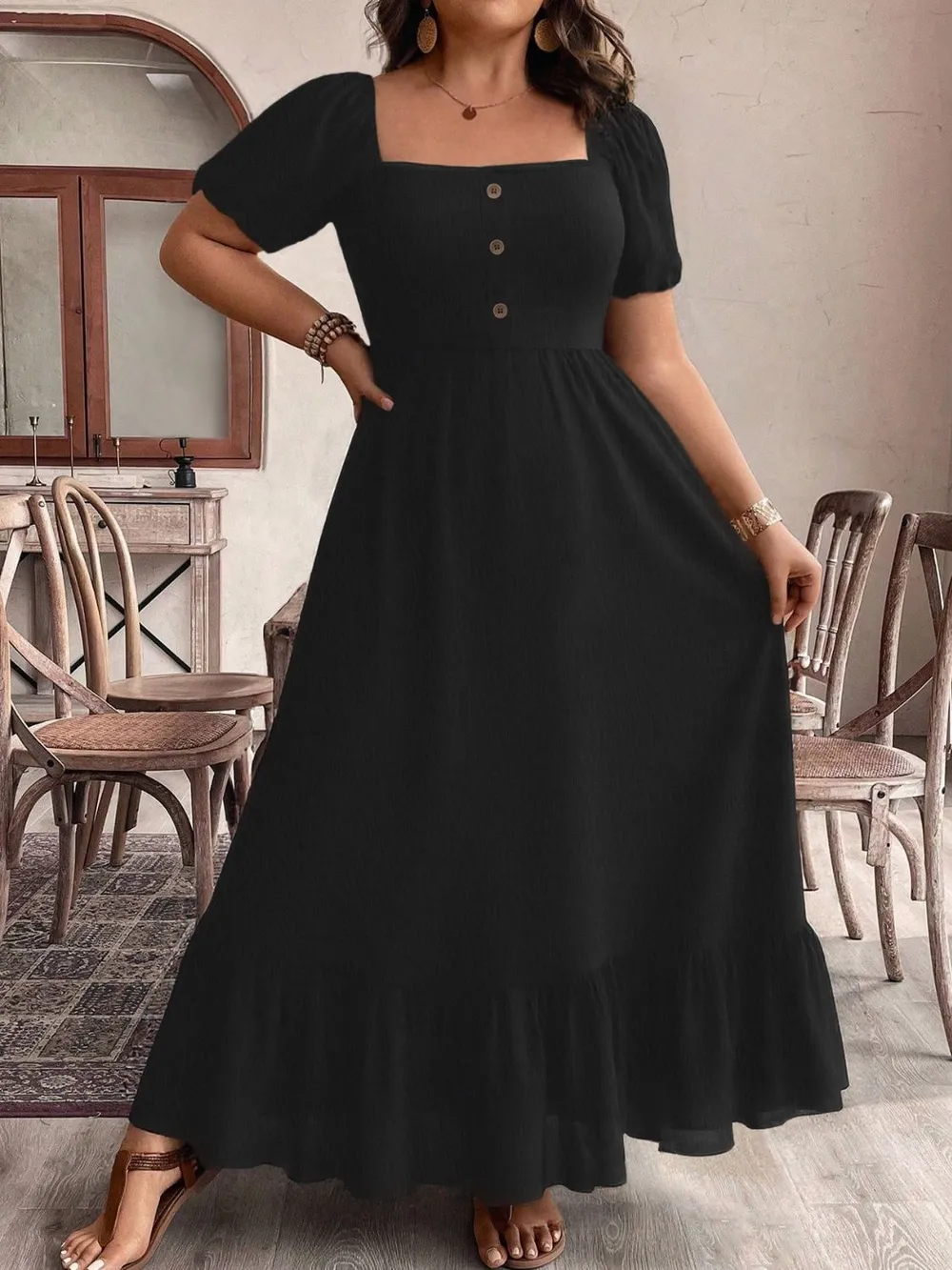 Plus Size Ruffled Hem Square Neck Short Sleeve Dress, image 6