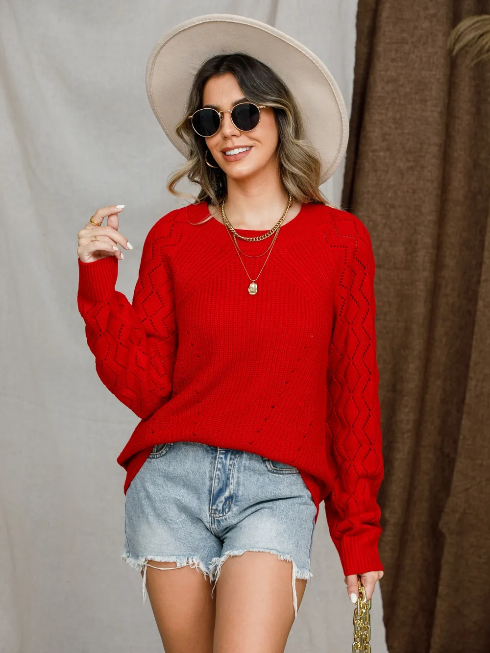 Openwork Round Neck Raglan Sleeve Sweater, image 34