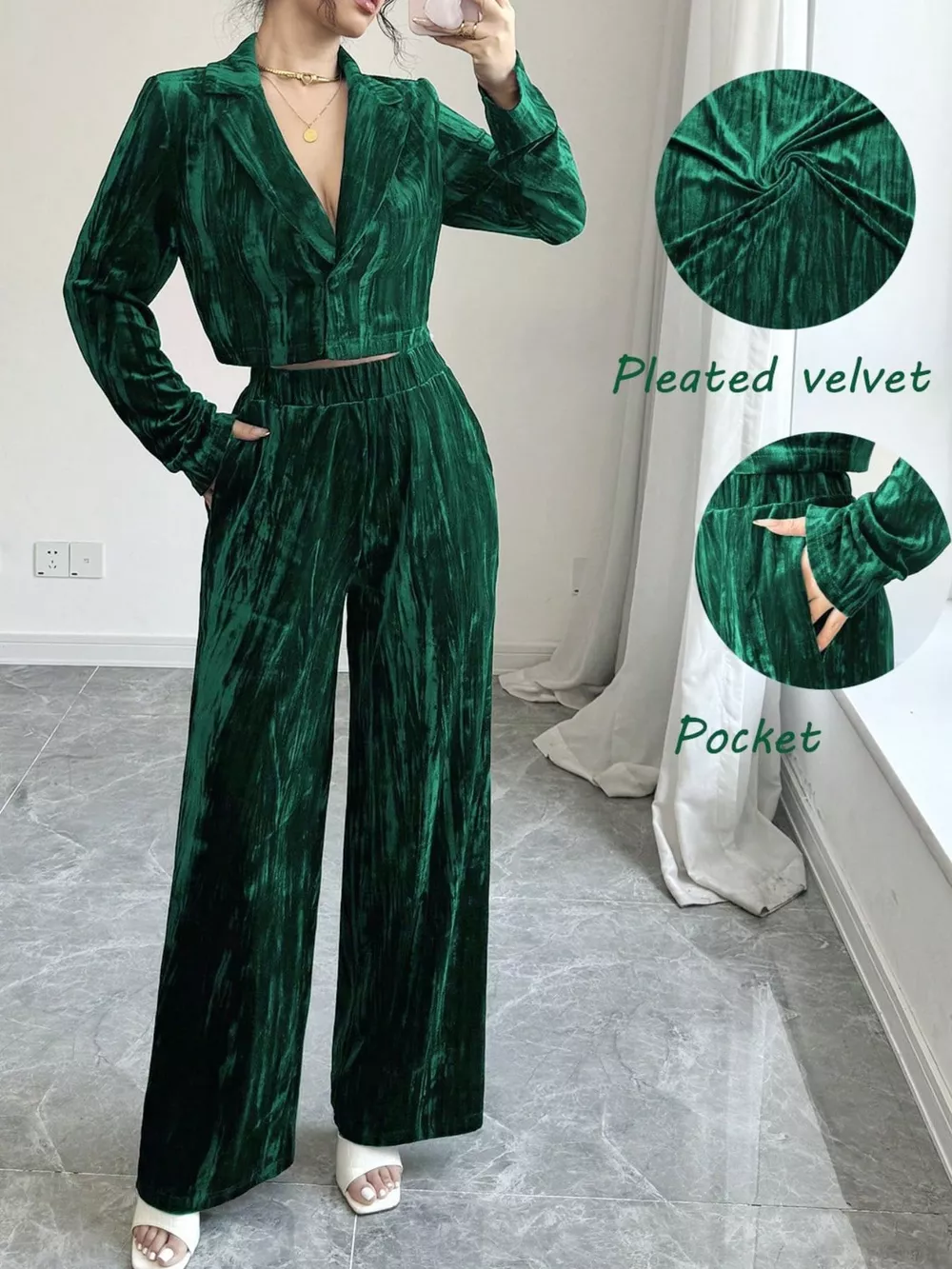 Pleated Velvet Blazer & Wide Leg Pants Set, image 9