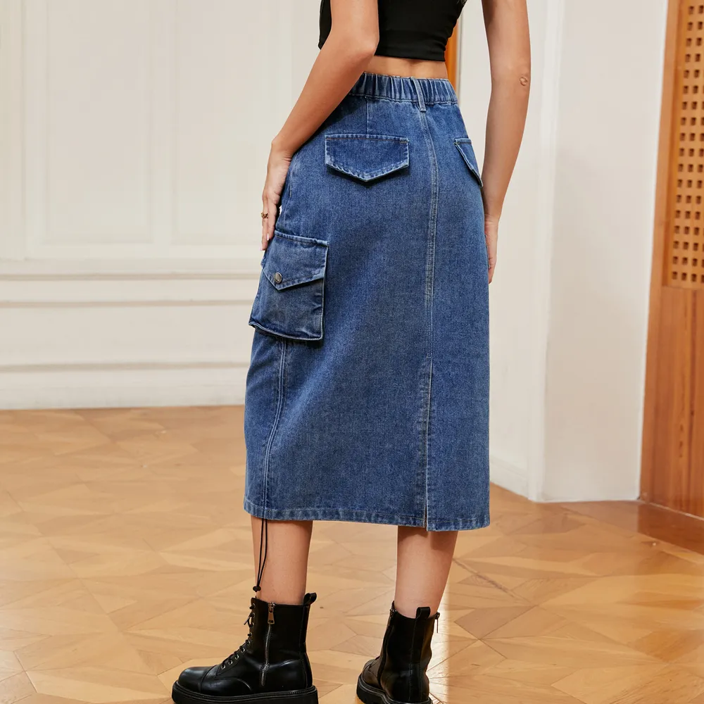 Drawstring Ruched Slit Denim Midi Skirt, image 5