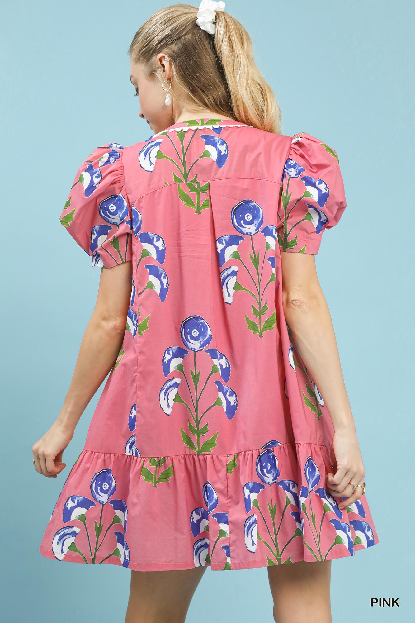 Floral Print Puff Sleeve Mini Dress with Scallop Trim, image 3