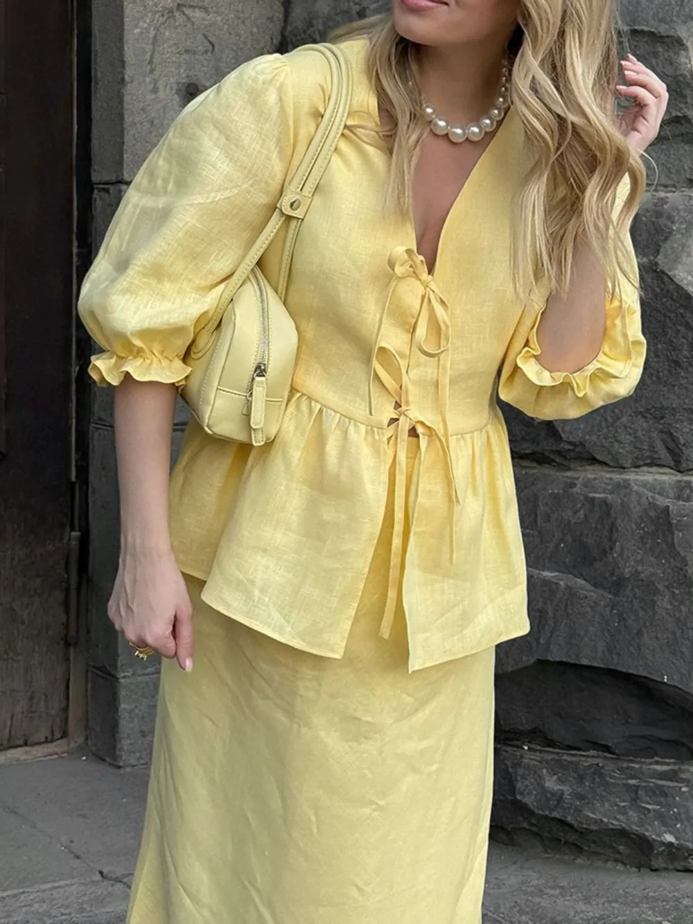 Tie Front Peplum Top and Skirt Set, image 7