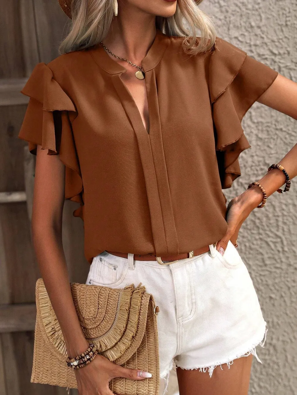 Ruffle Sleeve Notched Blouse, image 13