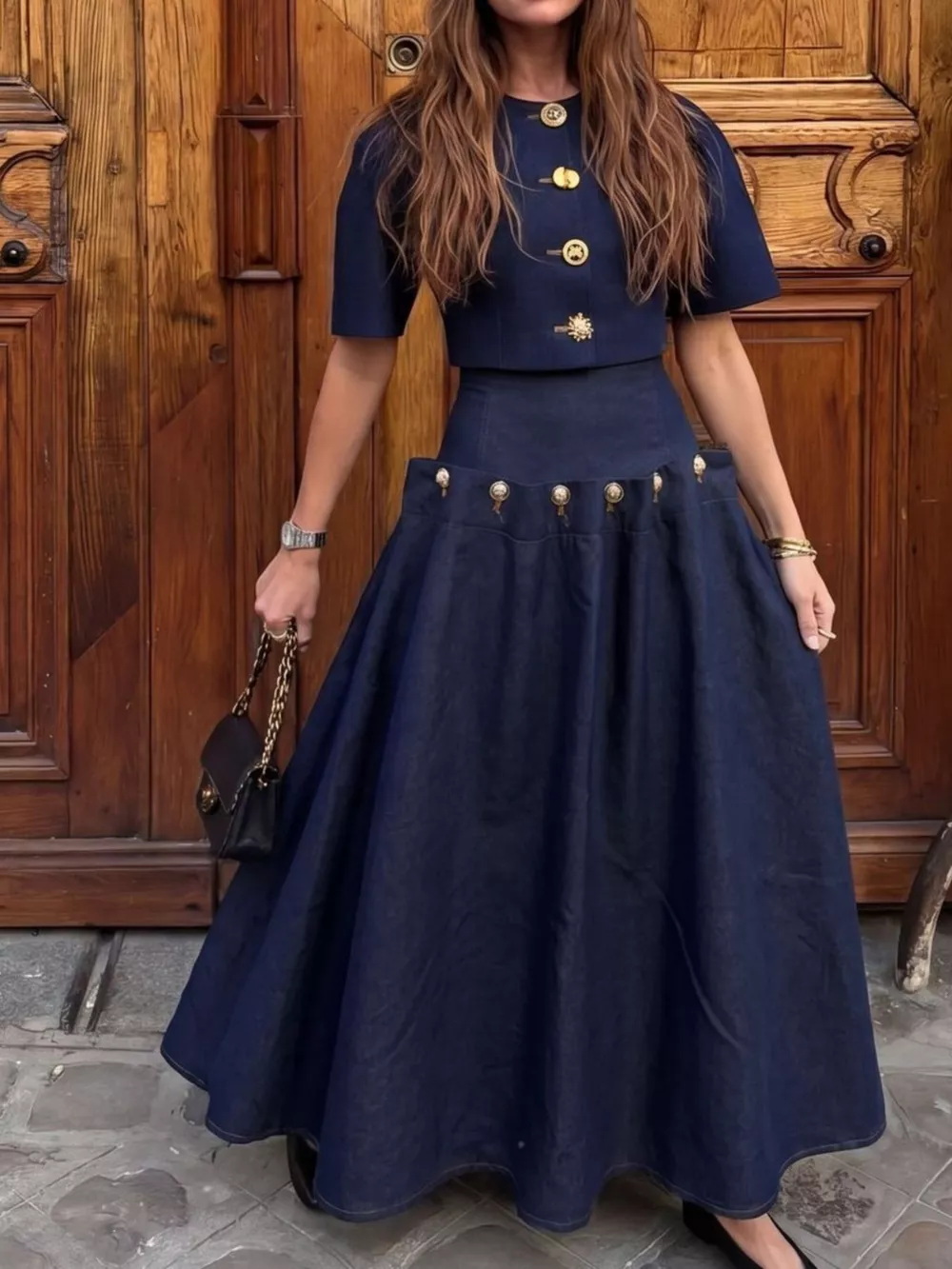 Gold Button Top and Skirt Denim Set, image 2