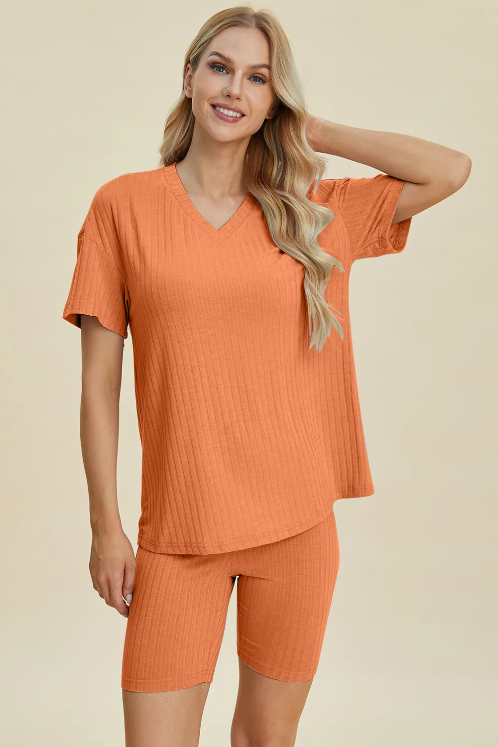 Full Size Ribbed V-Neck Short Sleeve Top and Shorts Set, image 21