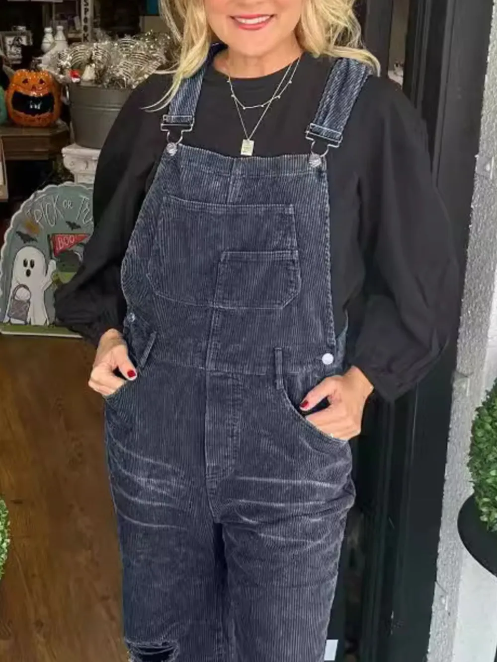 Distressed Wide Leg Corduroy Overalls, image 11