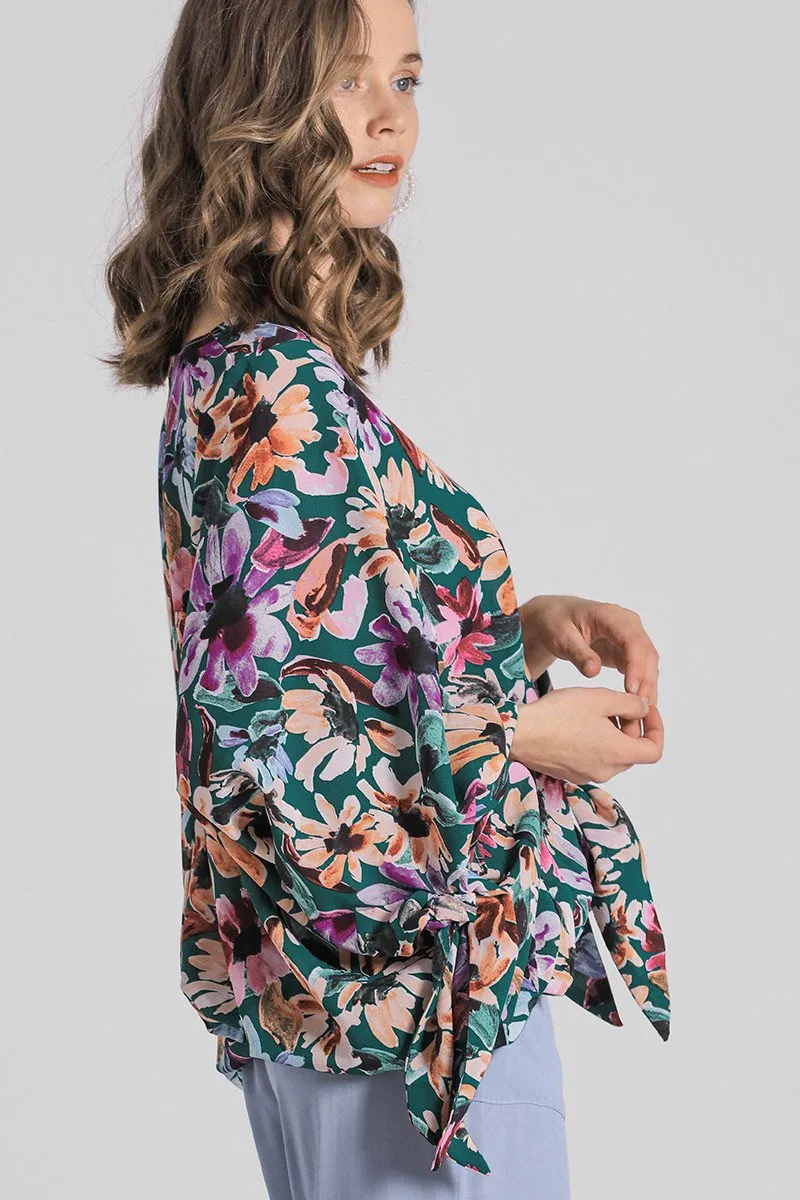 Full Size Floral V-Neck Tie Sleeve Blouse Plus Size, image 2