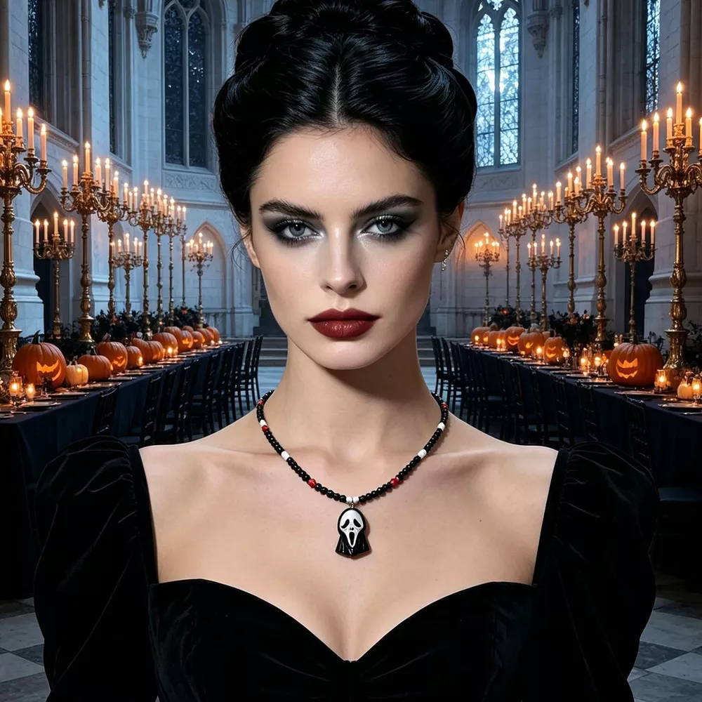 Gothic Horror Scream Mask Beaded Pendant Necklace, image 2