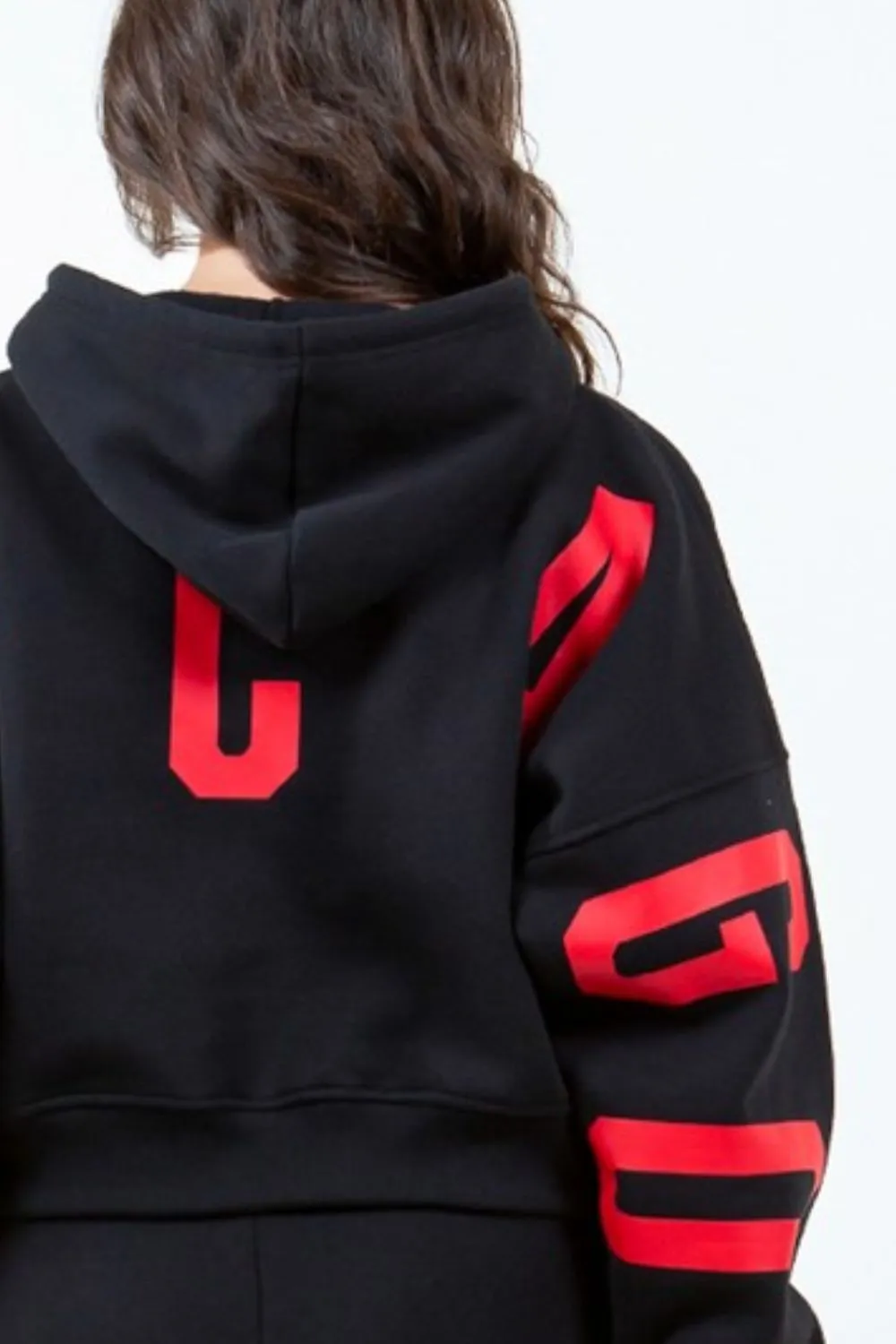 Letter Graphic Long Sleeve Drawstring Cropped Hoodie, image 3