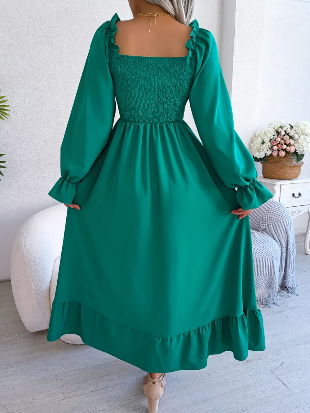 Smocked Square Neck Flounce Sleeve Dress, image 18