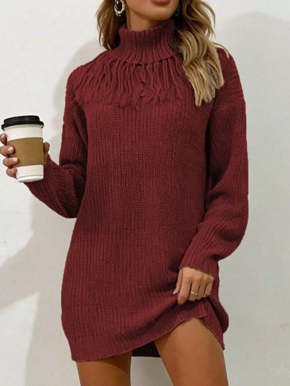 Full Size Turtleneck Fringe Detail Sweater Dress Plus Size, image 6
