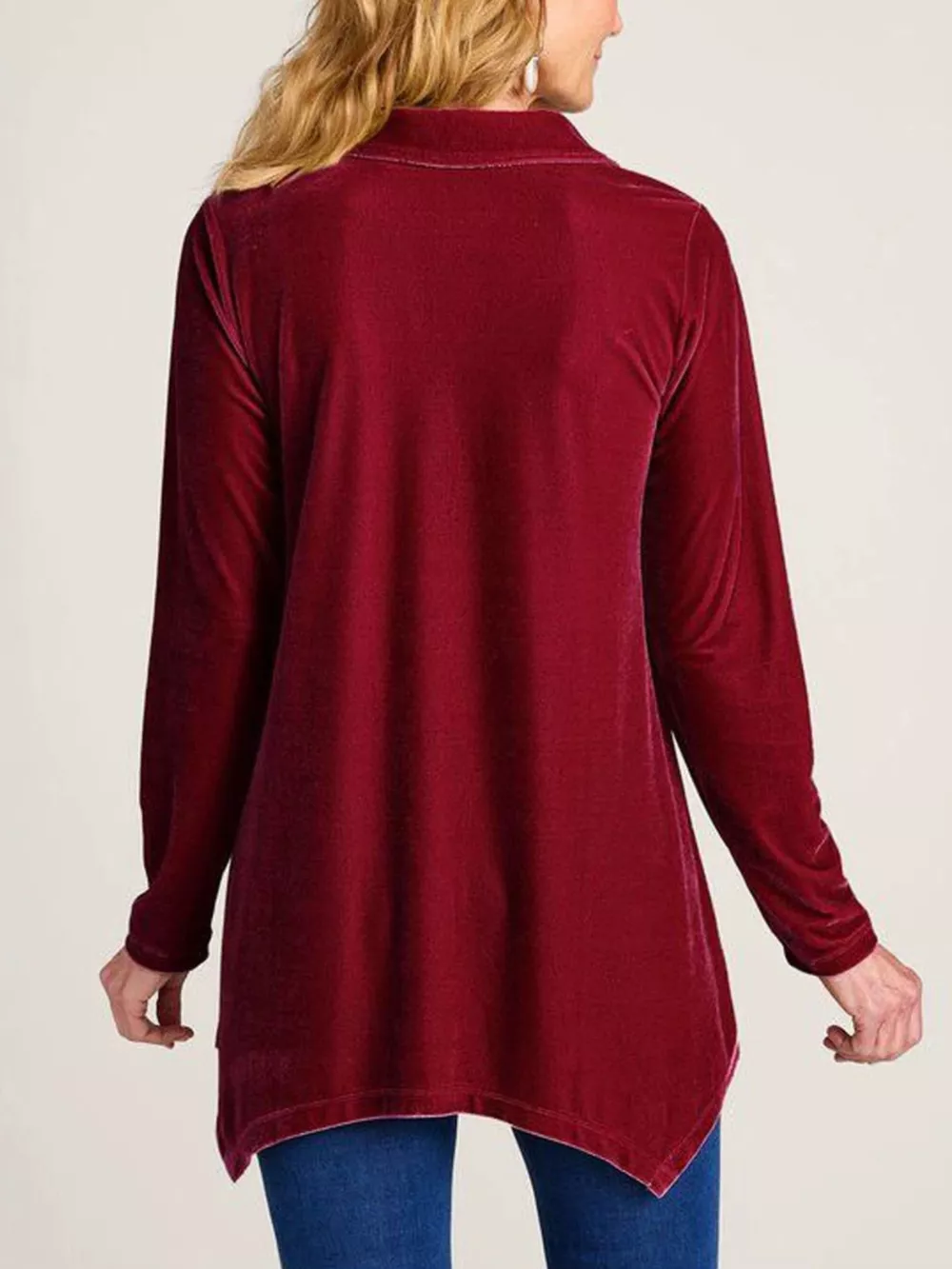 Velvet Button-Down Long Sleeve Shirt with Asymmetrical Hemline, image 8
