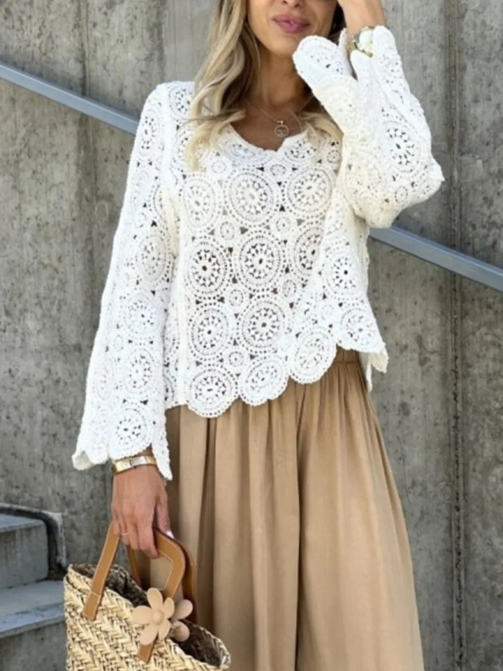 Crochet Lace V-Neck Bell Sleeve Knit Top, image 15