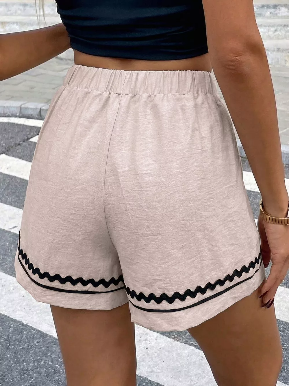 Elastic Waist Wavy Trim Casual Shorts, image 6