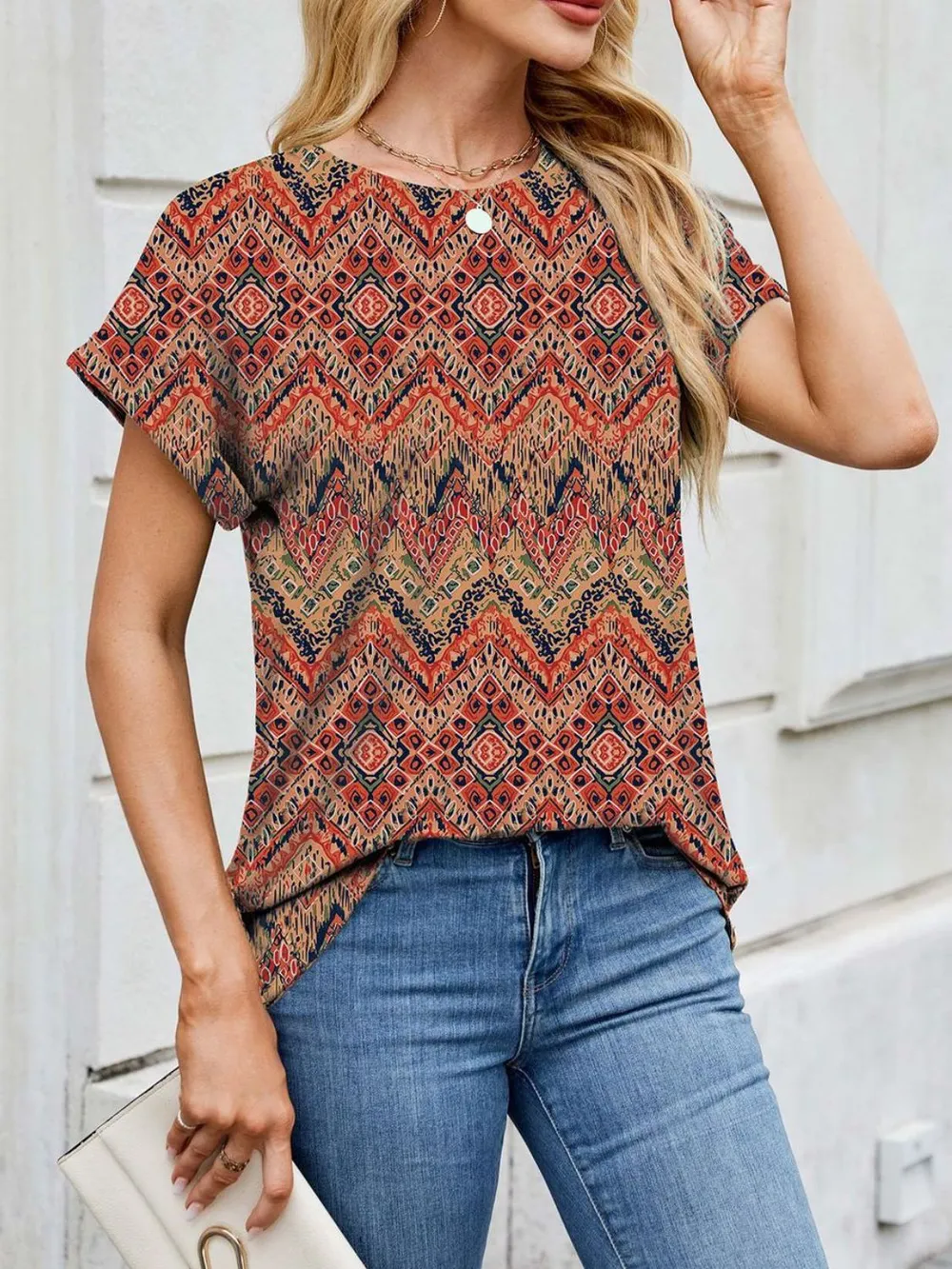Printed Round Neck Short Sleeve Top, image 32