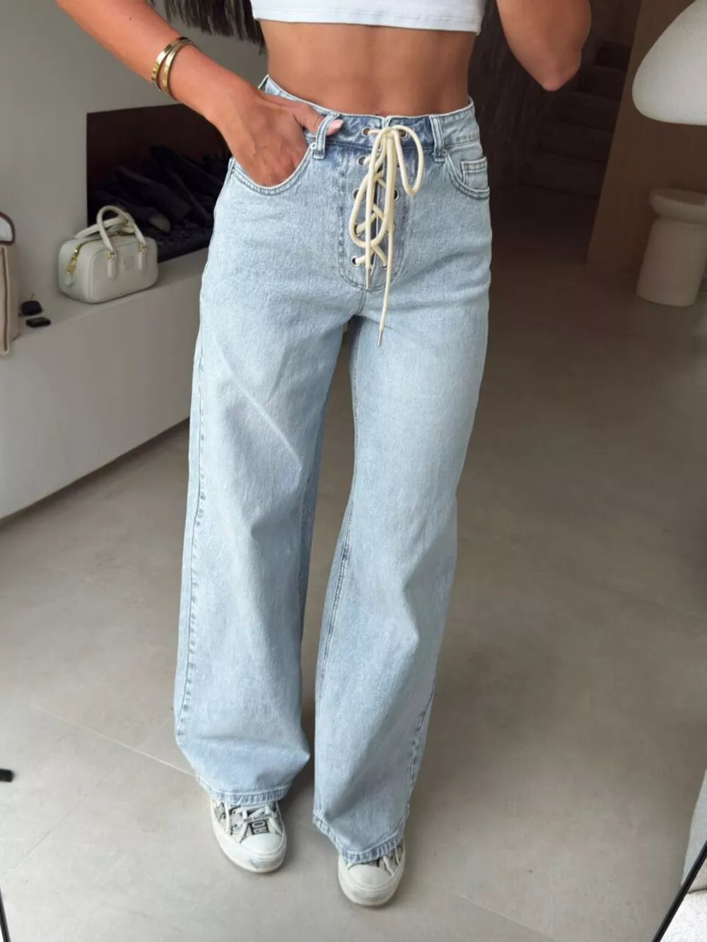Lace-Up High-Waisted Wide Leg Jeans, image 2