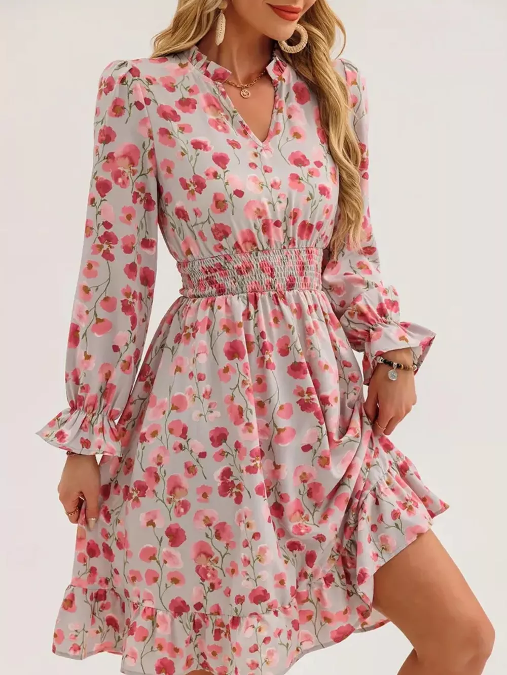 Floral Notched Flounce Sleeve Dress, image 16