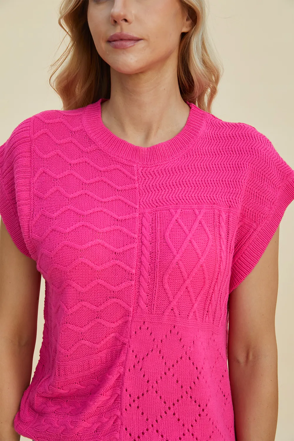 Full Size Cable-Knit Round Neck Cap Sleeve Sweater, image 25