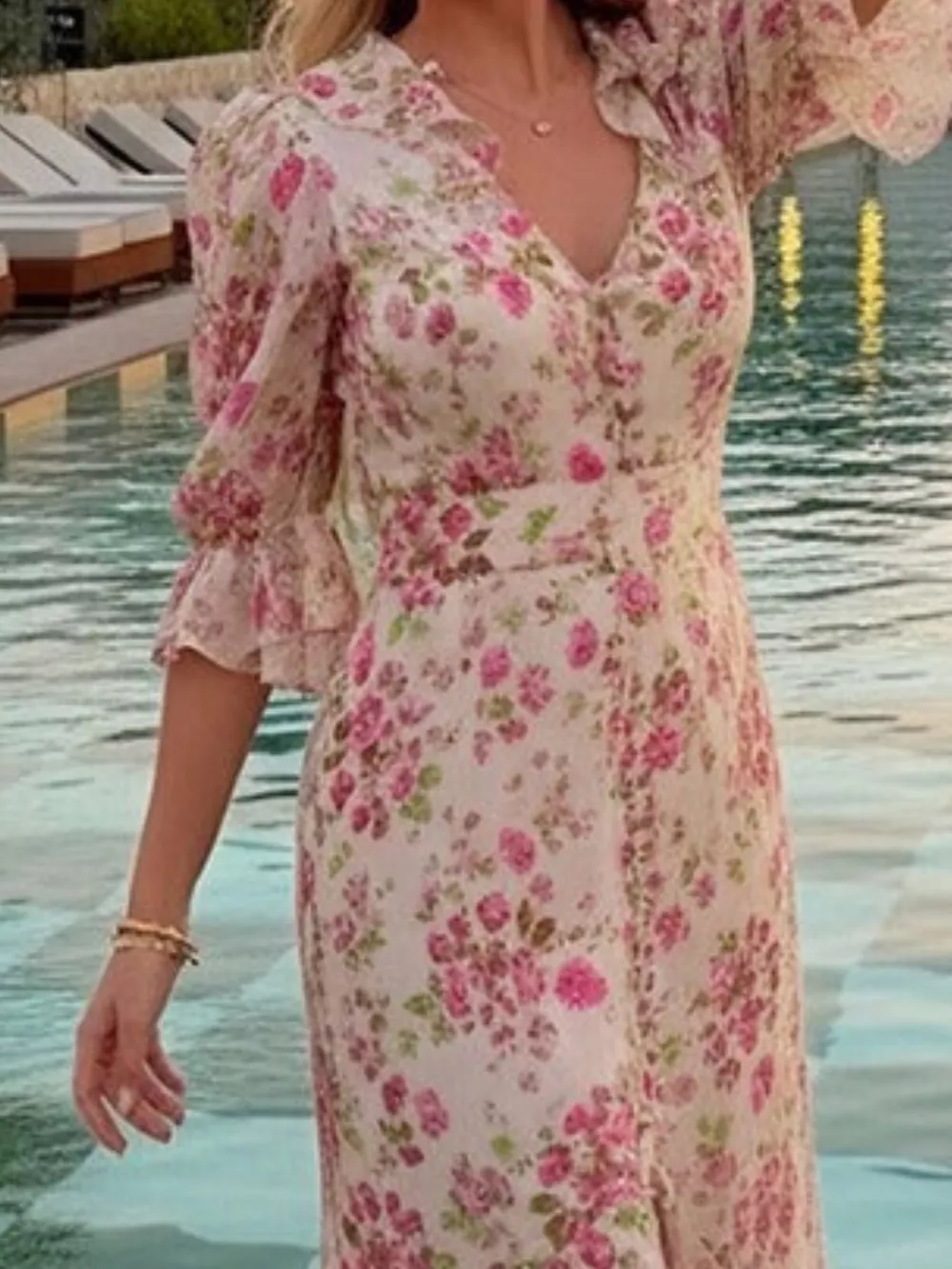 Full Size Ruffled Button Front Half Sleeve Dress Plus Size, image 5