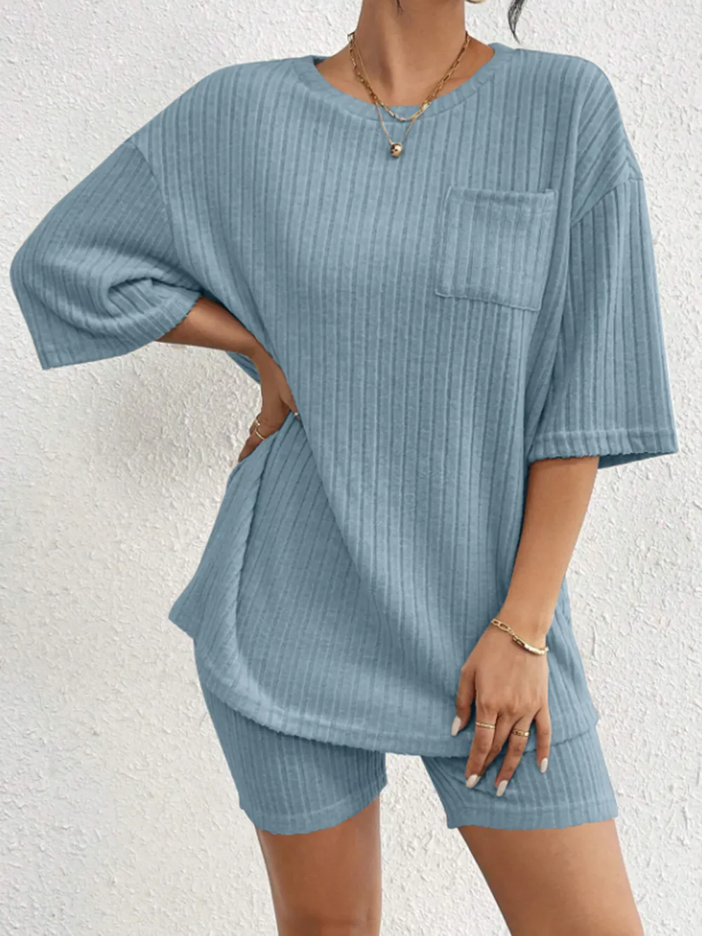 Ribbed Round Neck Top and Shorts Set, image 23