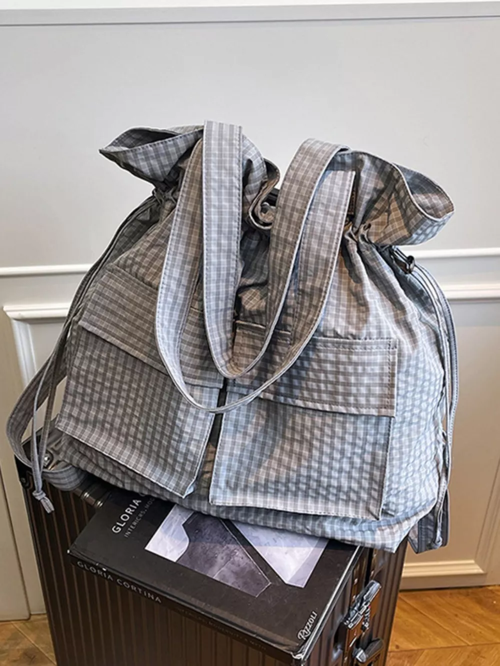 Convertible Plaid Drawstring Backpack Bag, image 3