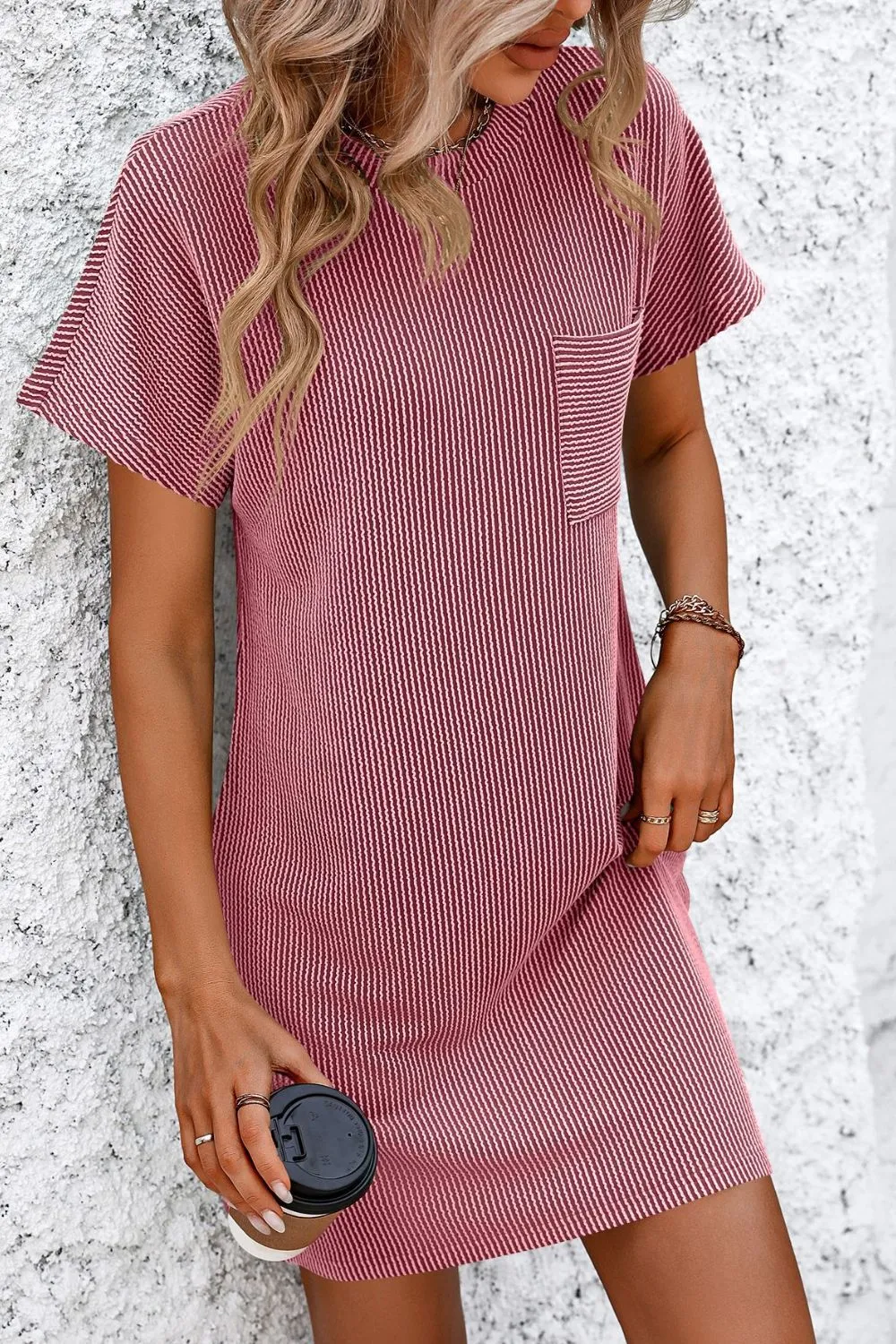 Ribbed Striped Short Sleeve Mini Tee Dress, image 14