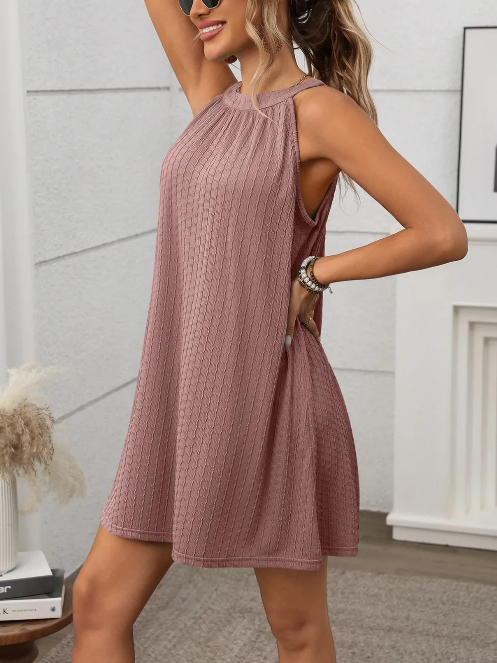 Textured Grecian Neck Mini Dress, image 18