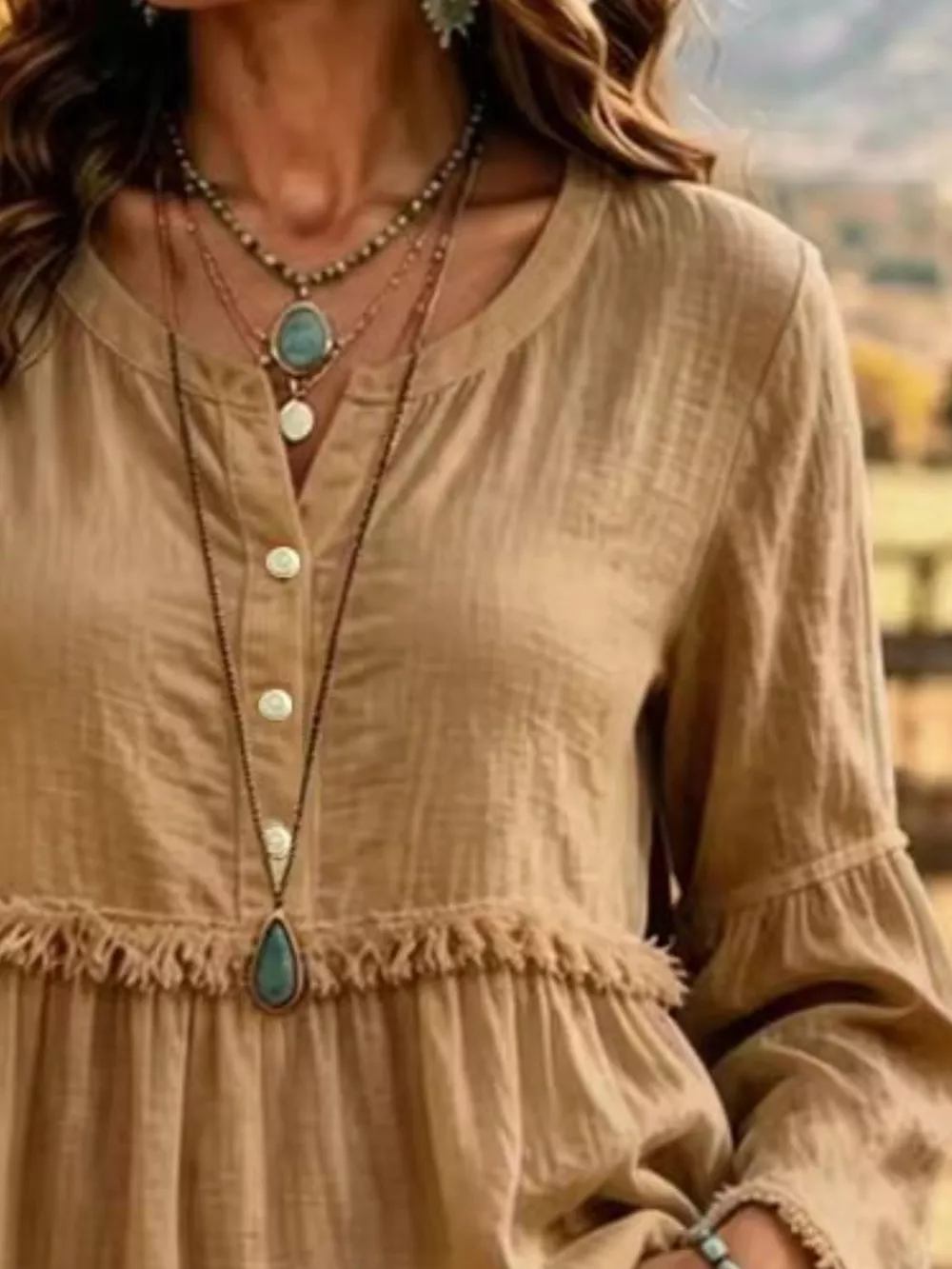 Full Size Fringed Button Detail Blouse Plus Size, image 8