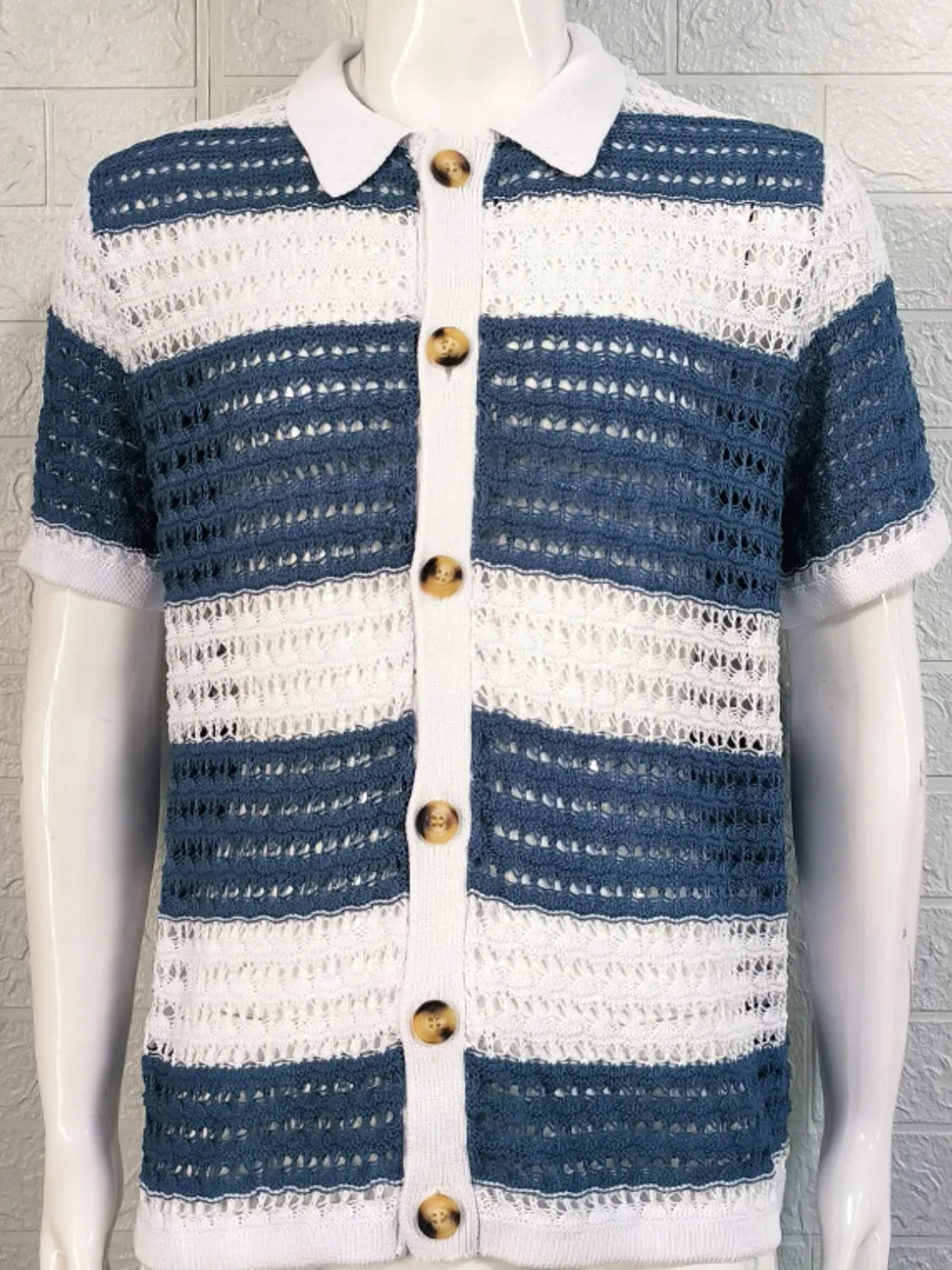 Men's Button Down Collared Neck Contrast Openwork Shirt, image 8