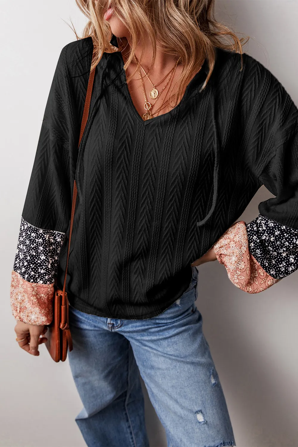 Color Block Tie Neck Long Sleeve Top, image 9