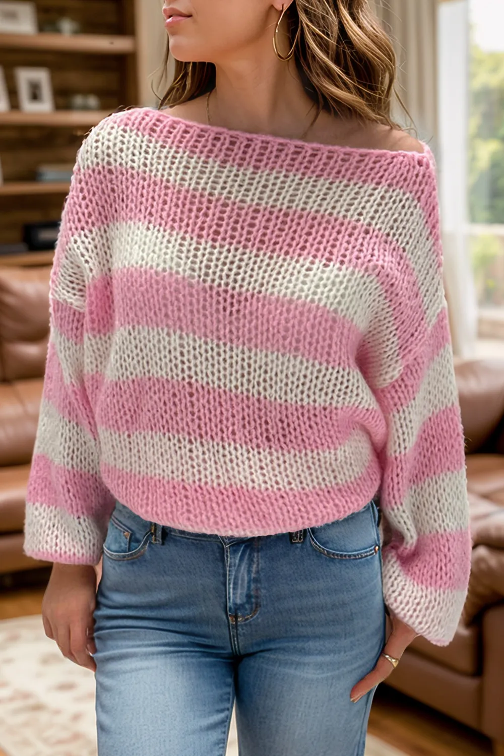 Striped Boat Neck Long Sleeve Sweater, image 8