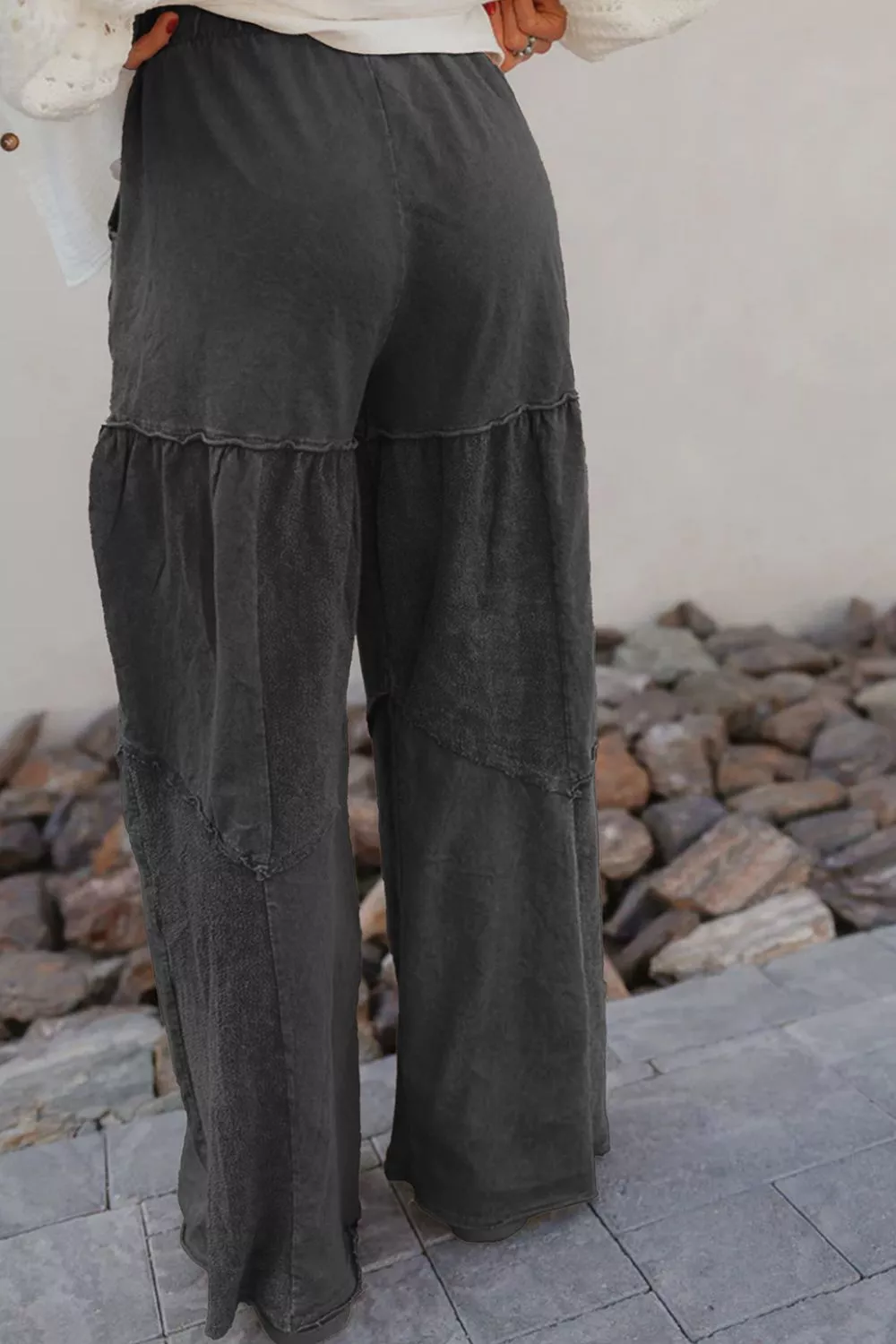 Mineral Wash Tiered Wide Leg Patchwork Drawstring Pants, image 4