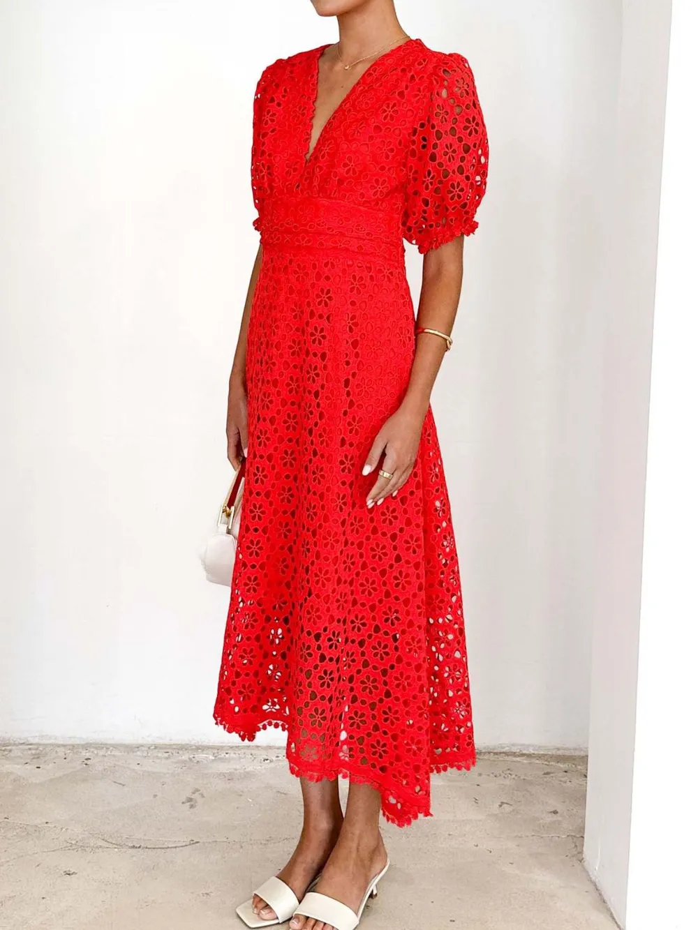 Eyelet Lace V-Neck Midi Dress with Puff Sleeves, image 17
