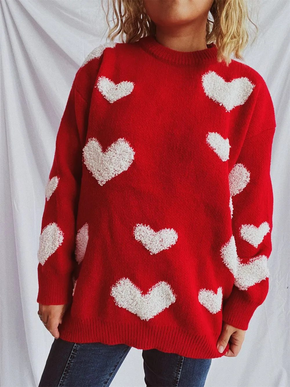 Heart Round Neck Dropped Shoulder Sweater, image 3