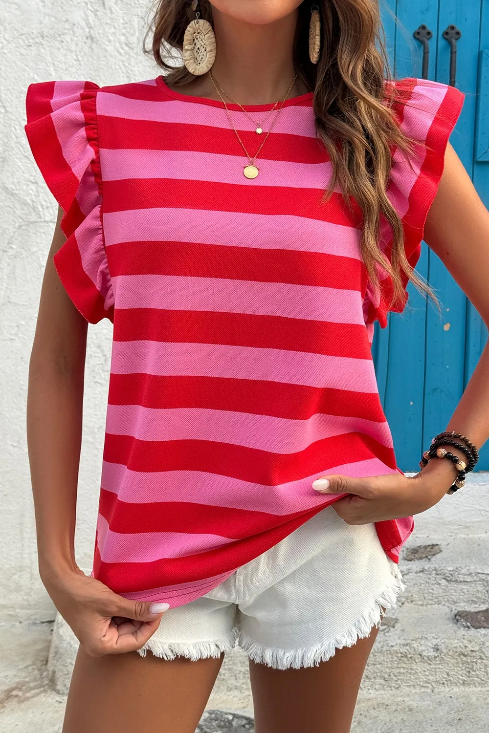 Striped Ruffle Sleeve Summer T-Shirt, image 5