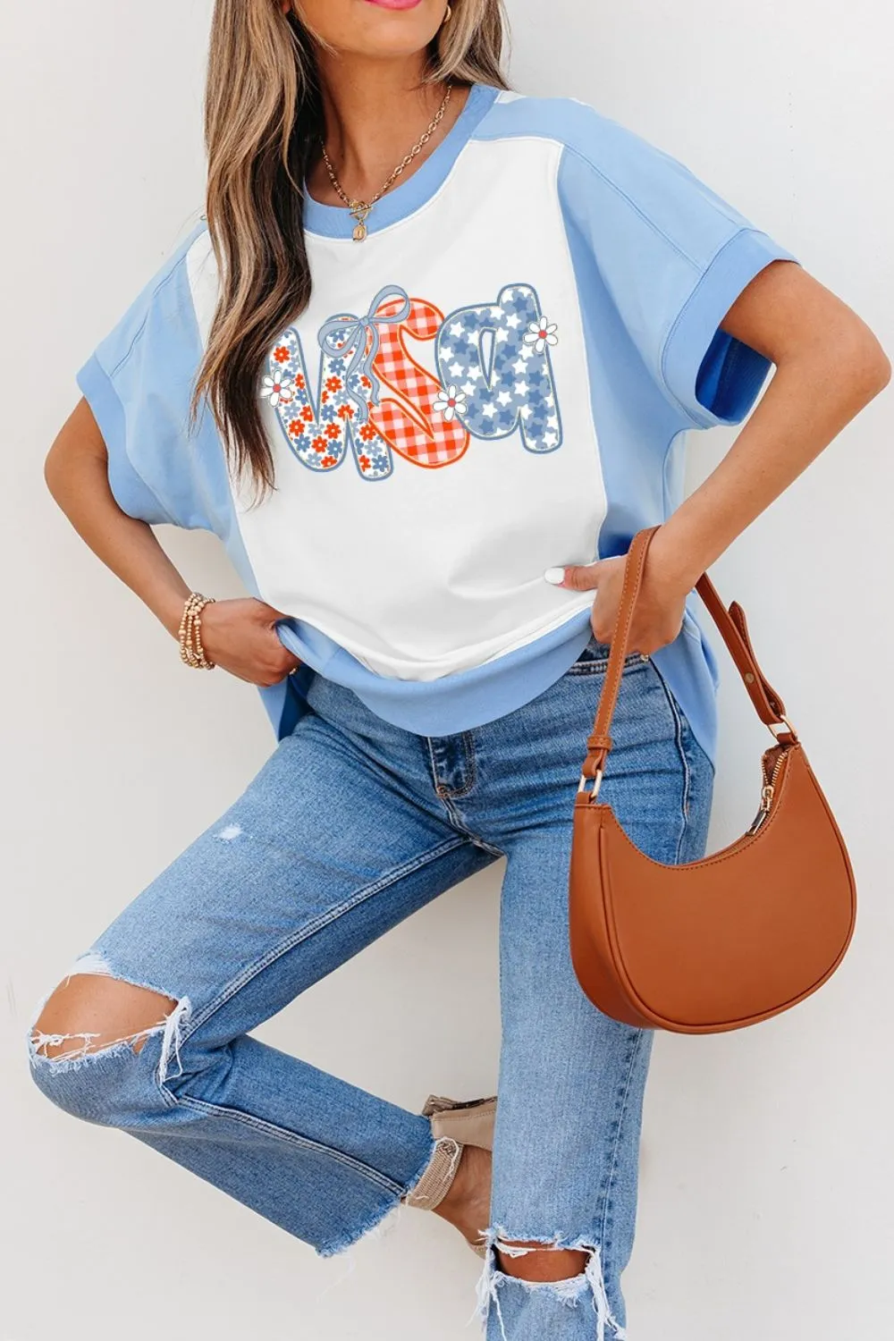 Star Plaid Flower USA Graphic Color Block Crewneck T Shirt, image 5