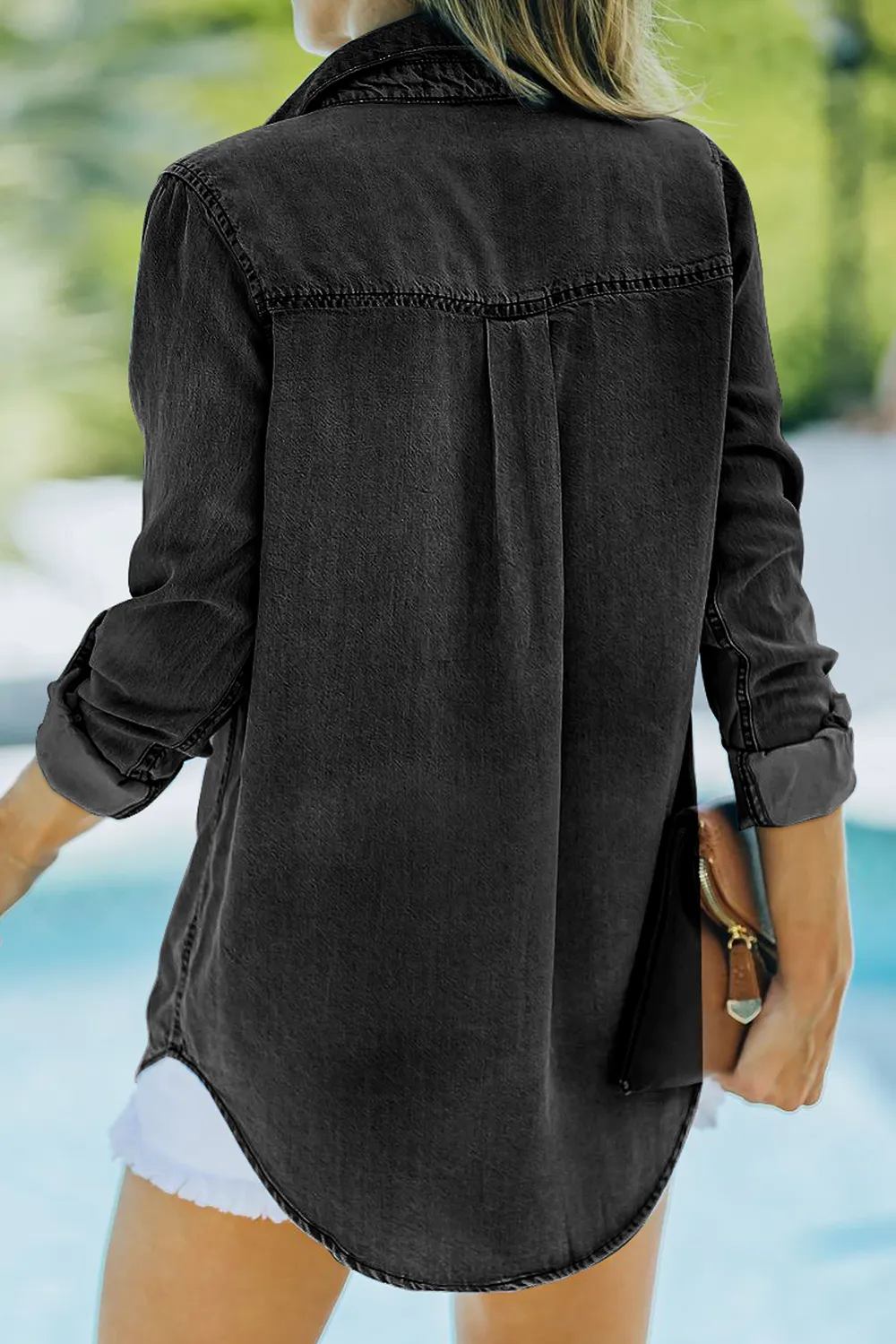 Pocketed Collared Neck Long Sleeve Denim Top, image 12