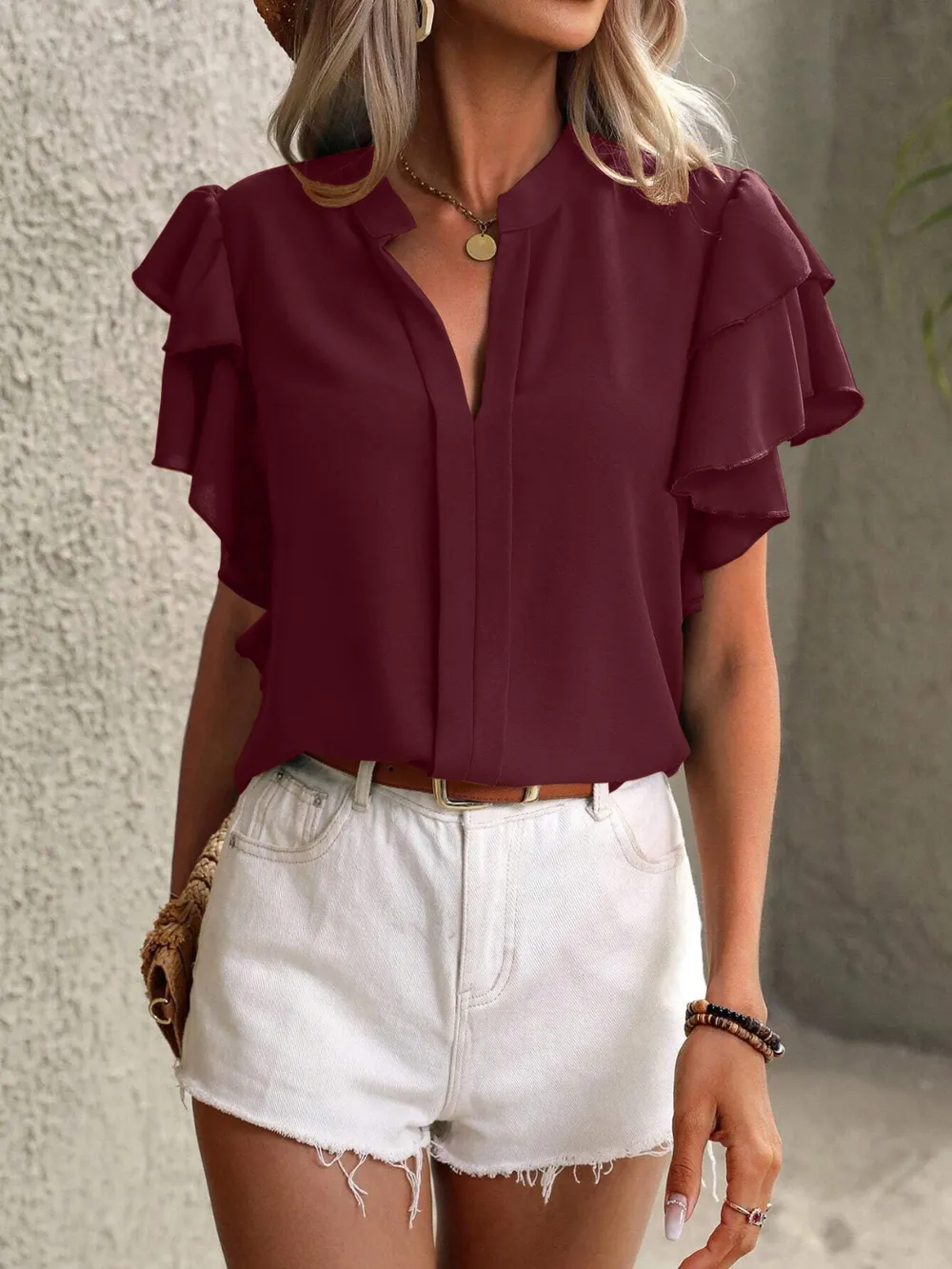 Ruffled Notched Short Sleeve Blouse, image 12